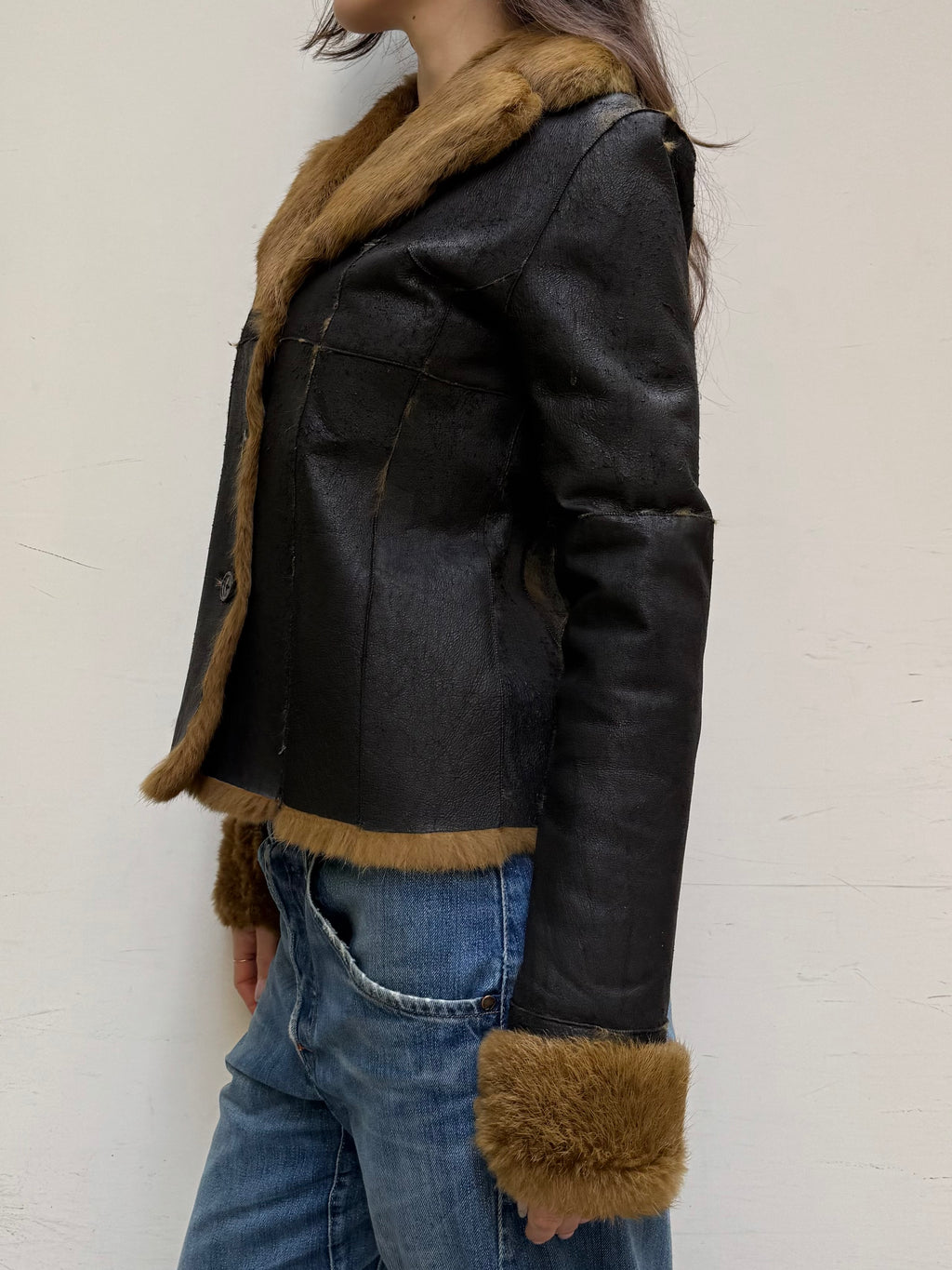 Vintage 100% Real Rabbit Fur & Leather Jacket Brown/Tan M
