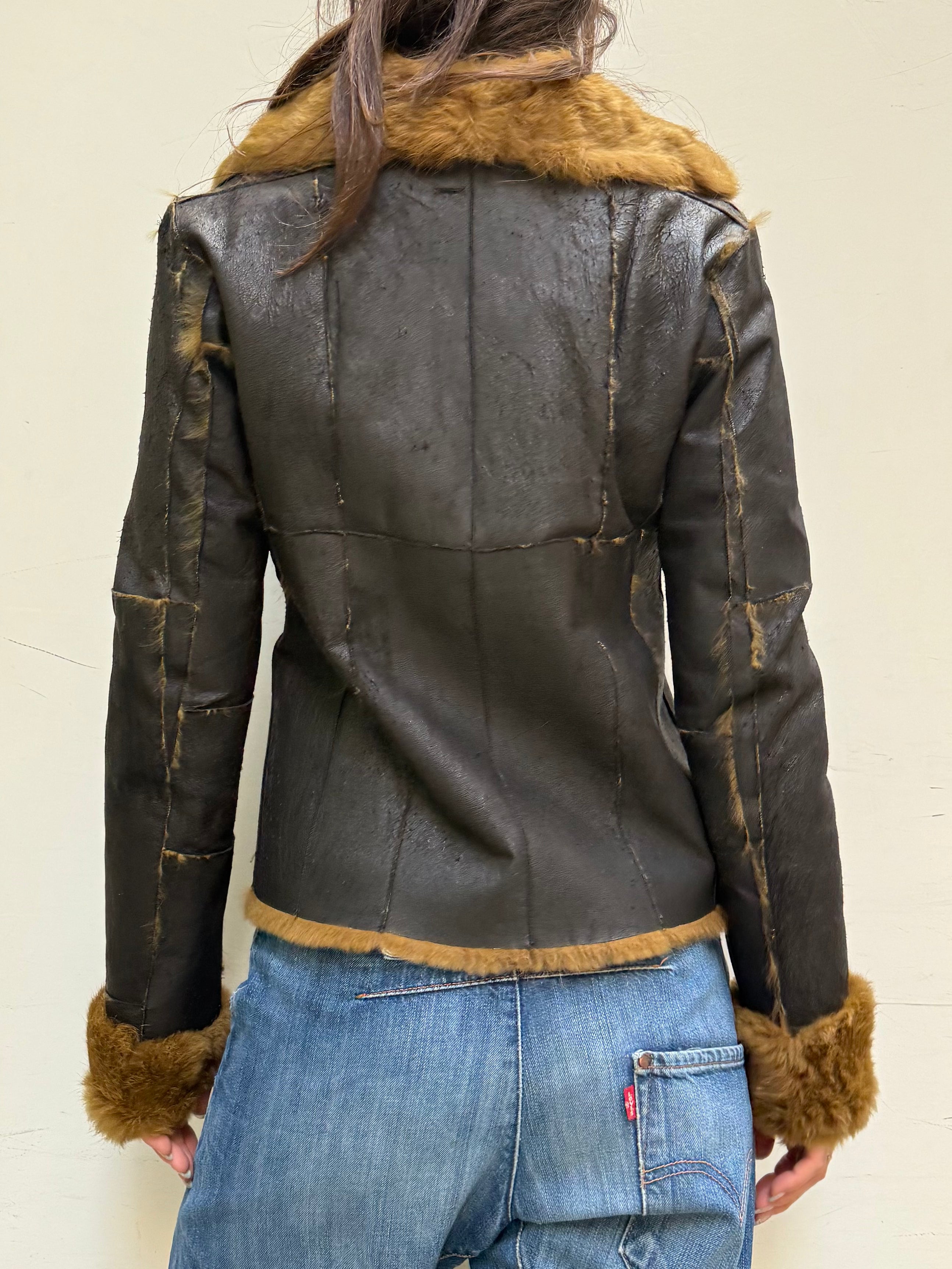 Vintage 100% Real Rabbit Fur & Leather Jacket Brown/Tan M