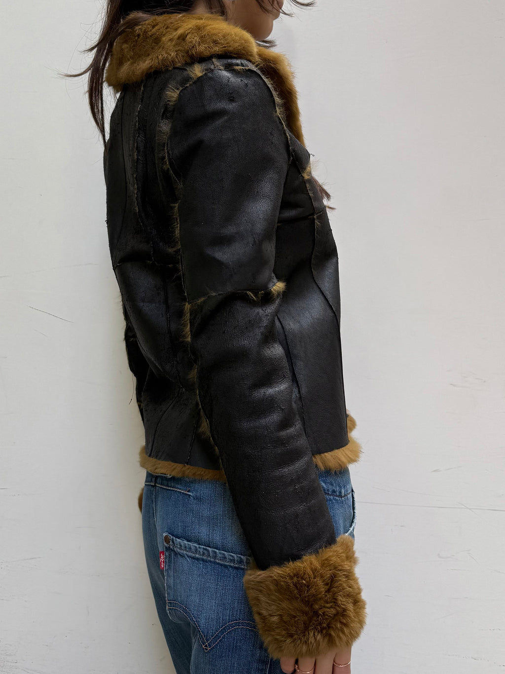 Vintage 100% Real Rabbit Fur & Leather Jacket Brown/Tan M
