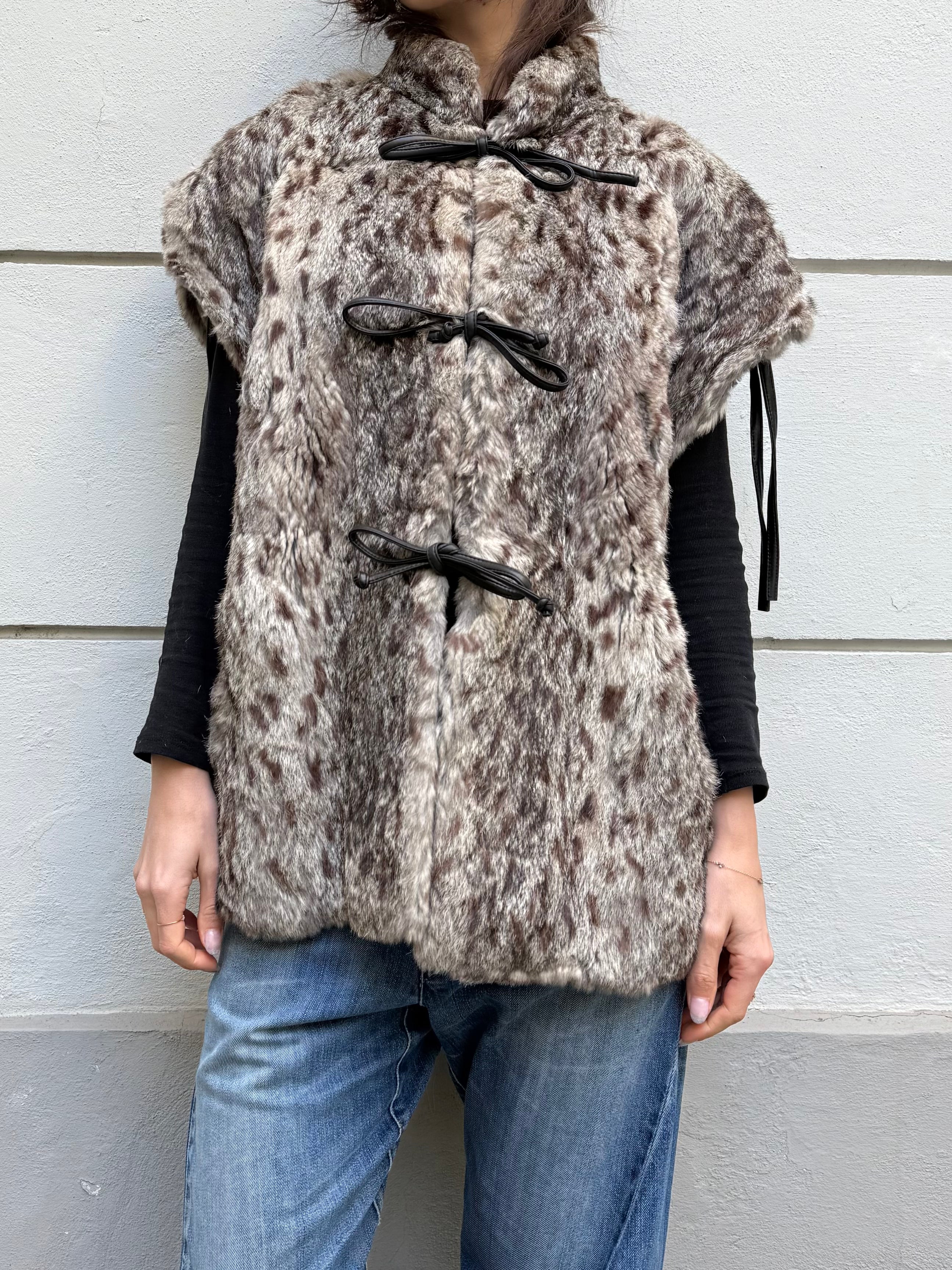 Vintage 100% Real Fur Wildcat Print Tie Front Vest L
