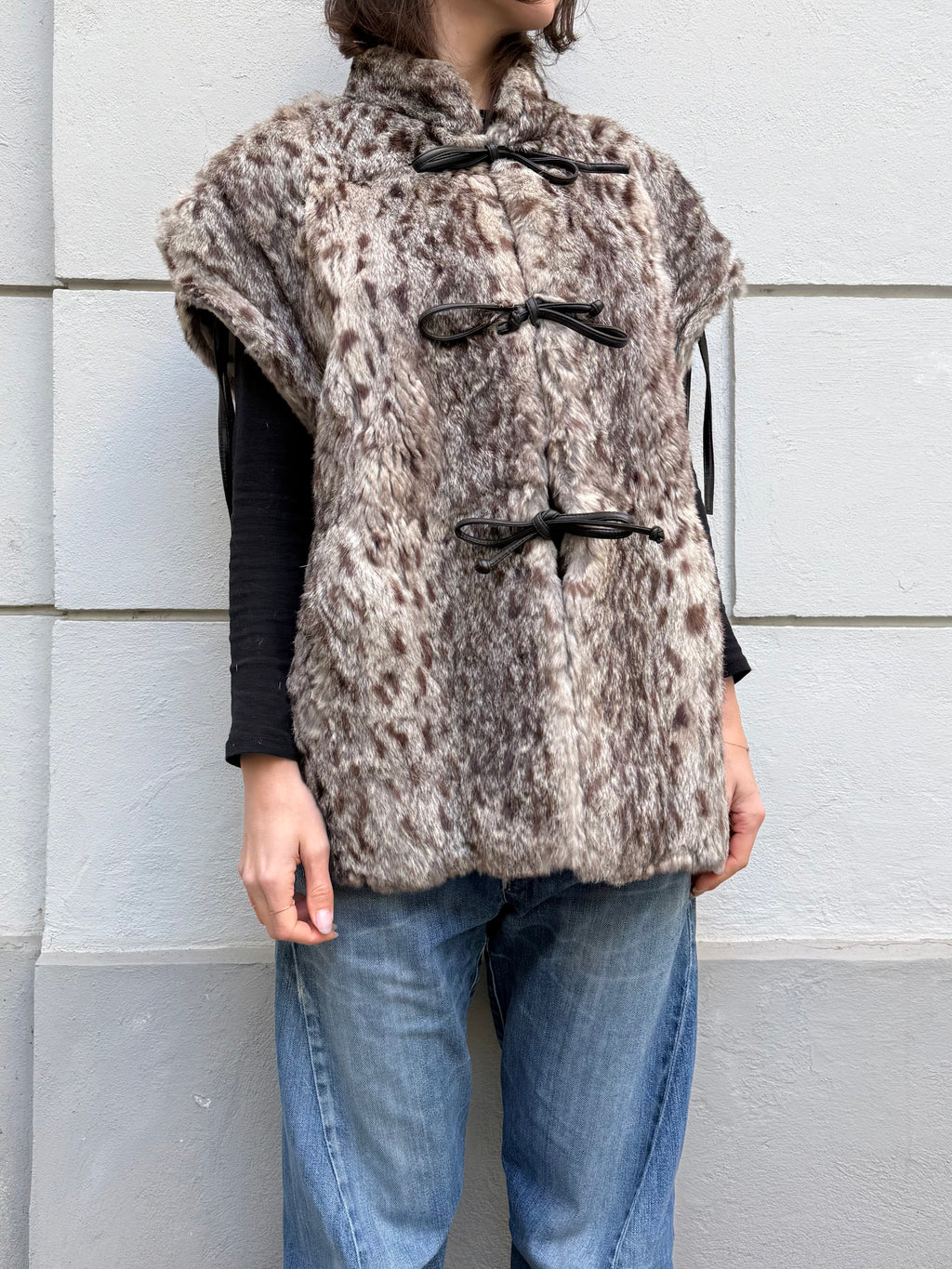 Vintage 100% Real Fur Wildcat Print Tie Front Vest L