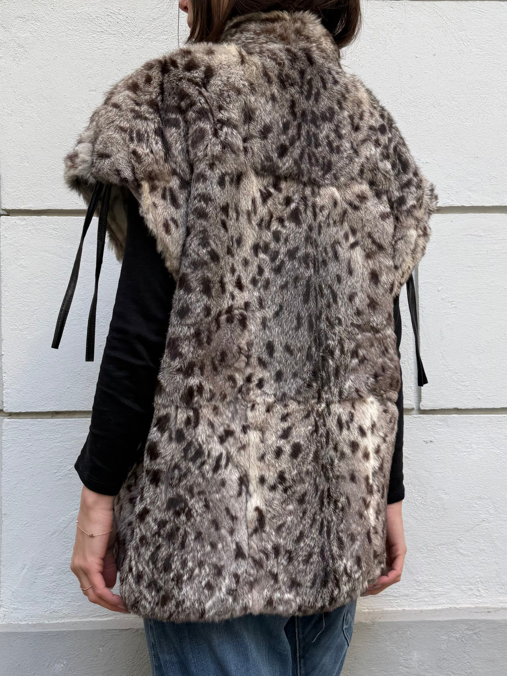 Vintage 100% Real Fur Wildcat Print Tie Front Vest L