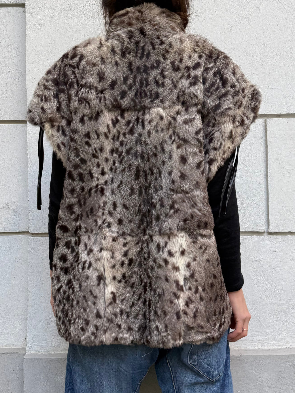 Vintage 100% Real Fur Wildcat Print Tie Front Vest L