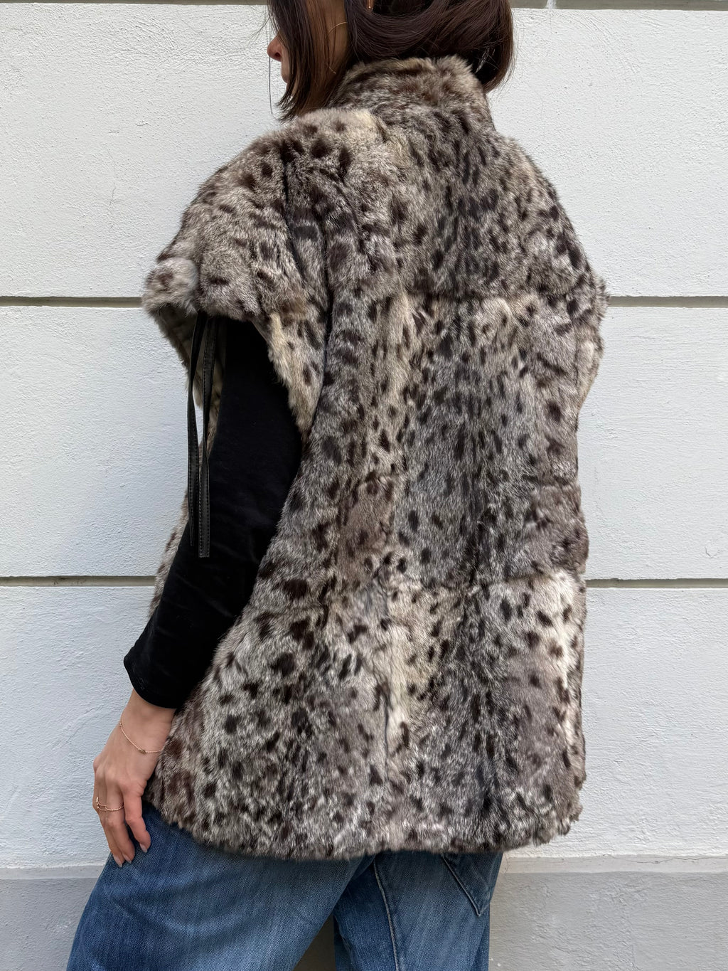 Vintage 100% Real Fur Wildcat Print Tie Front Vest L