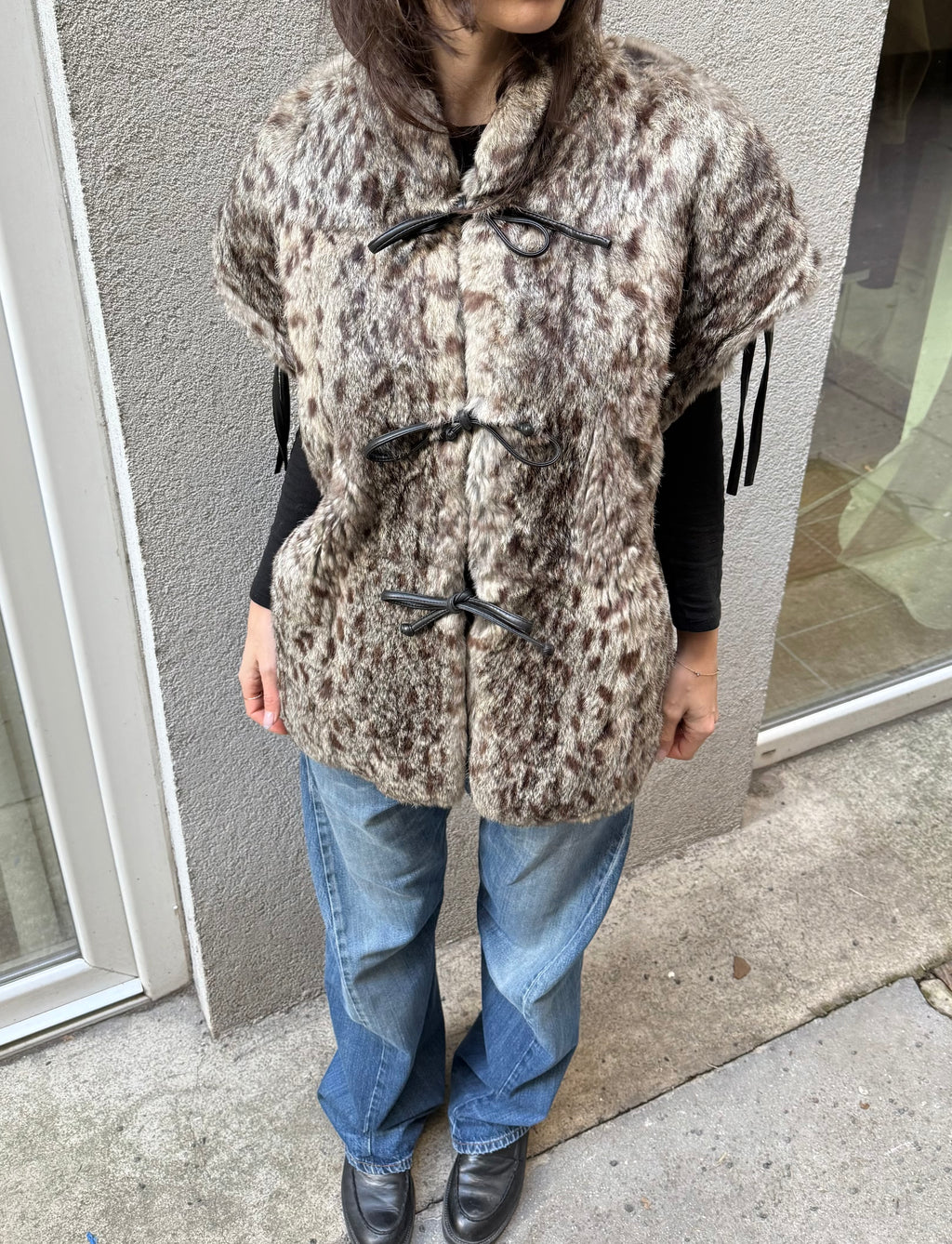 Vintage 100% Real Fur Wildcat Print Tie Front Vest L