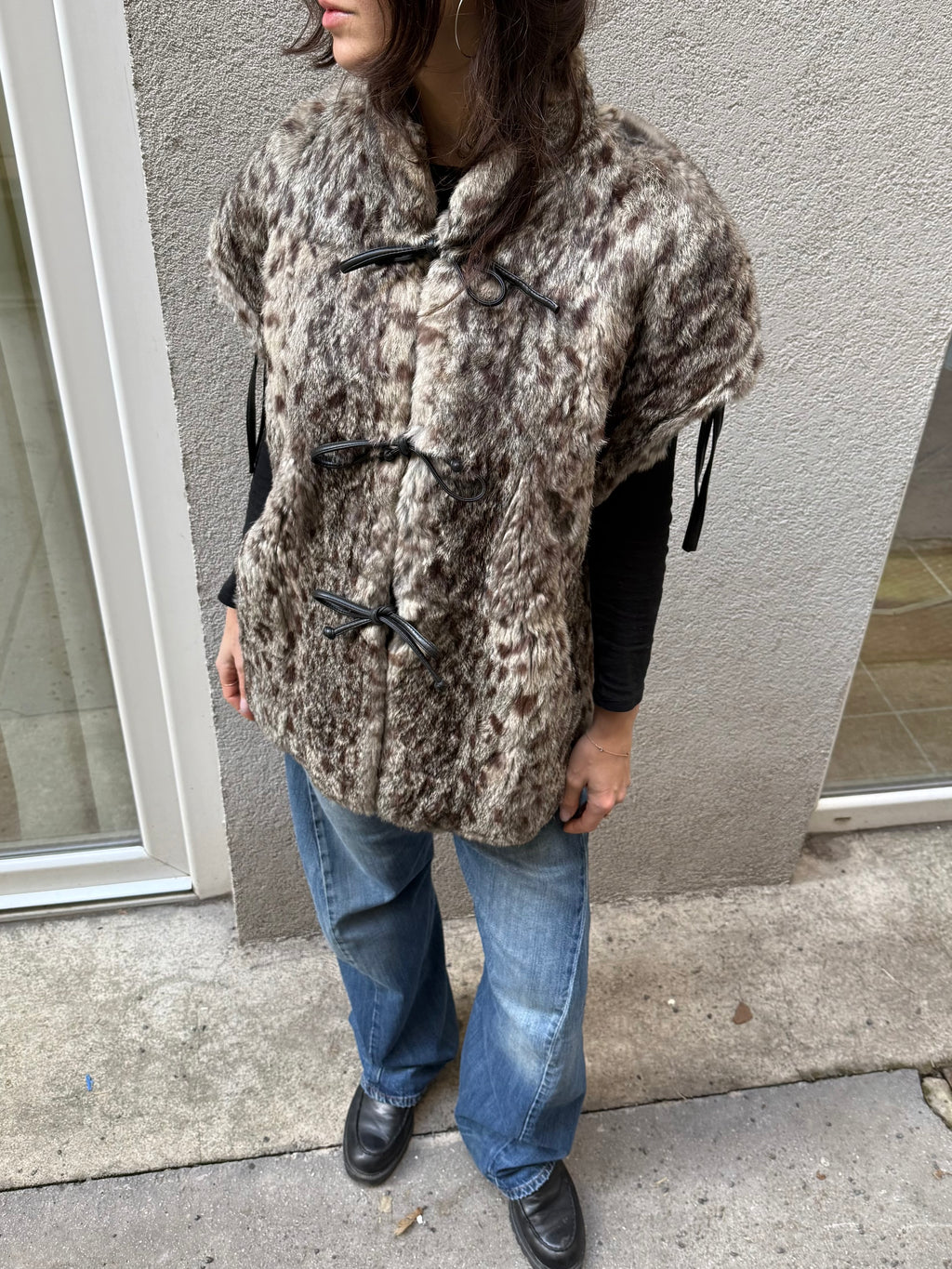 Vintage 100% Real Fur Wildcat Print Tie Front Vest L