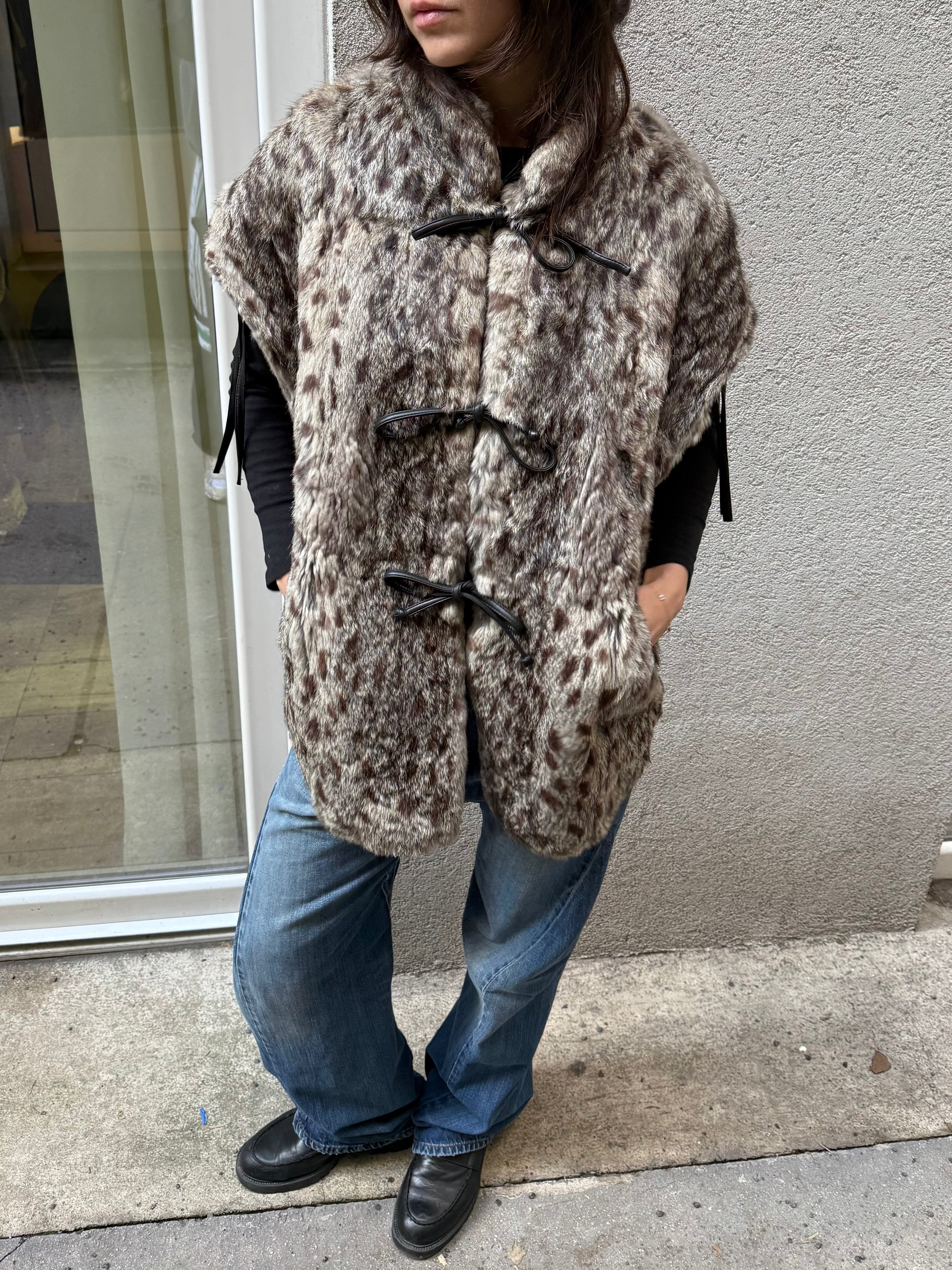 Vintage 100% Real Fur Wildcat Print Tie Front Vest L