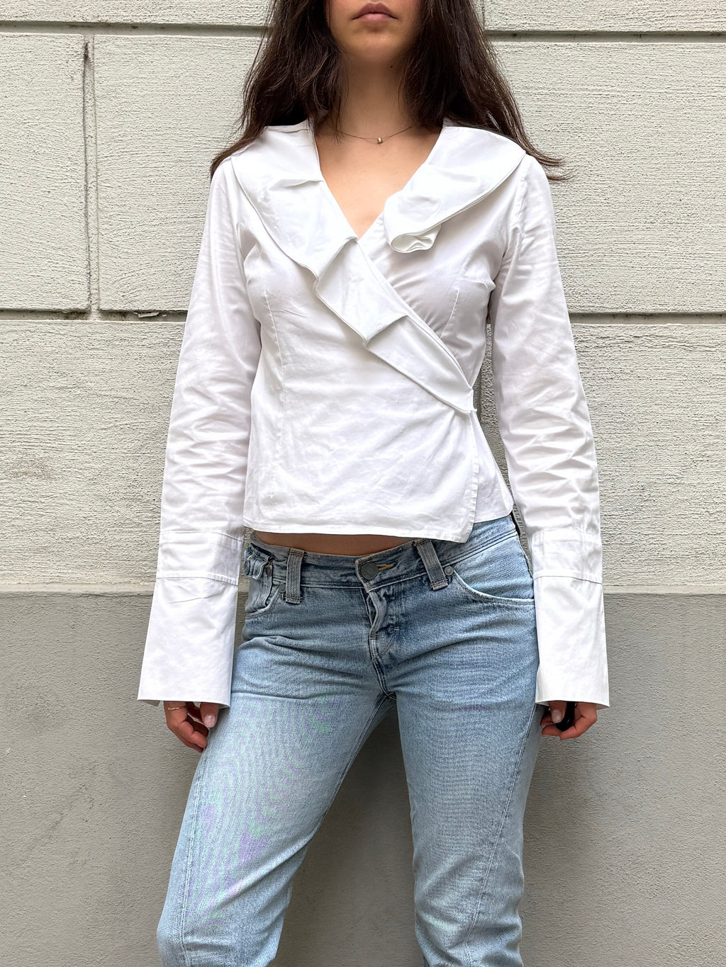 Vintage White Cotton Ruffle Wrap Blouse S/M
