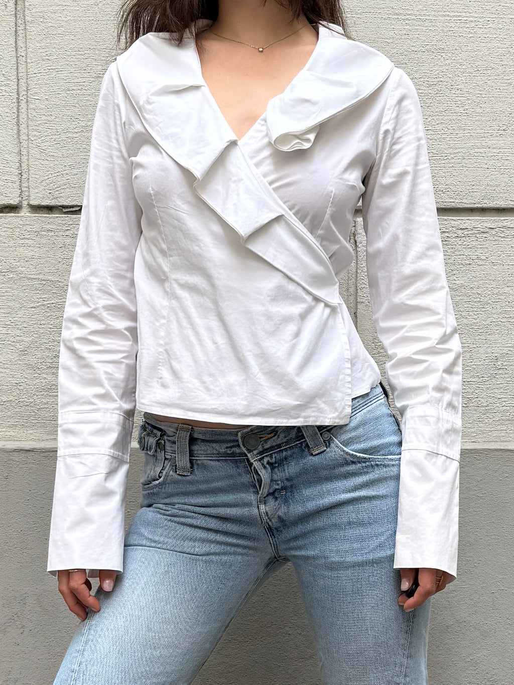 Vintage White Cotton Ruffle Wrap Blouse S/M