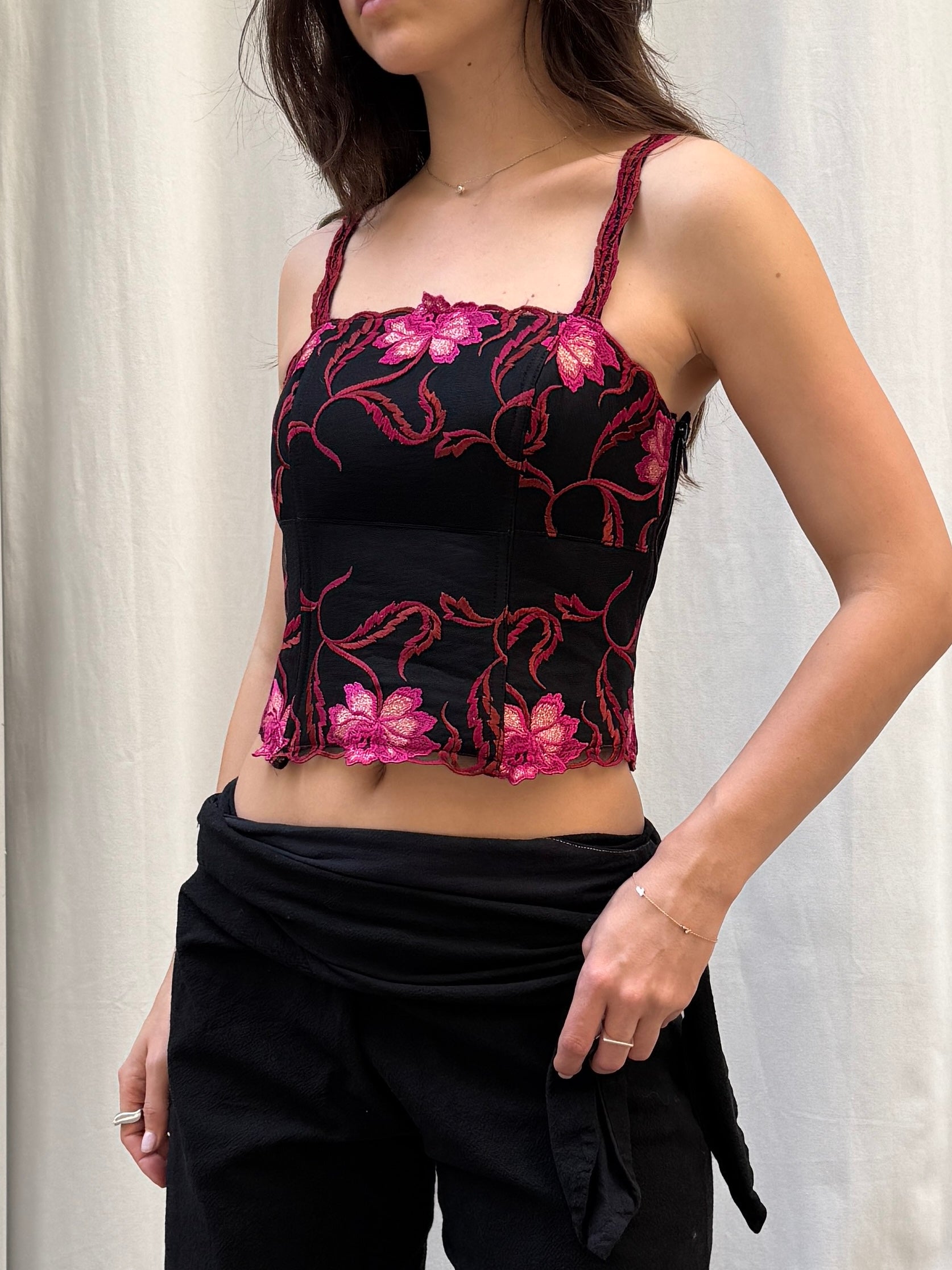 Vintage Black & Pink/Red Floral Zip Up Corset S