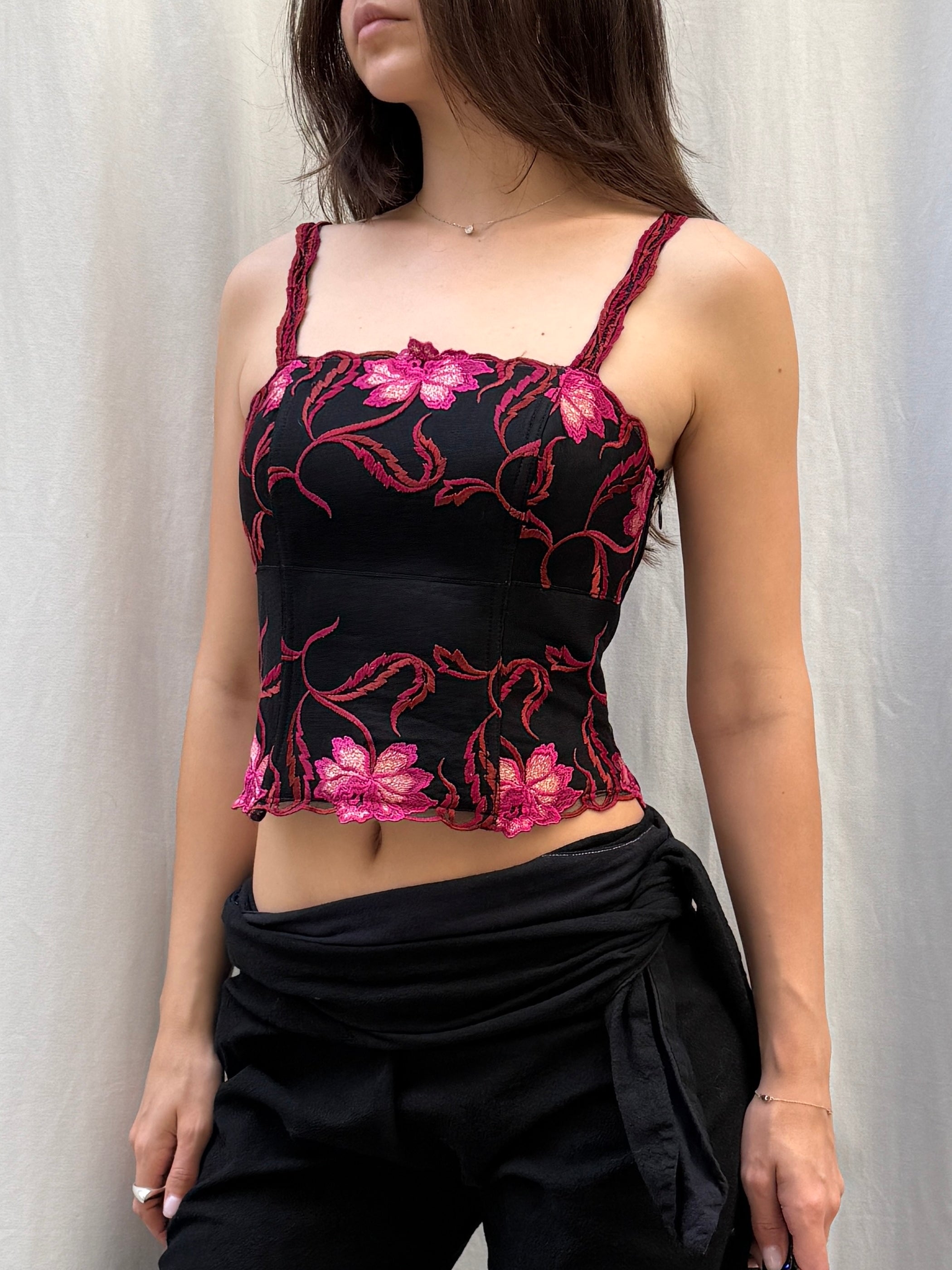 Vintage Black & Pink/Red Floral Zip Up Corset S