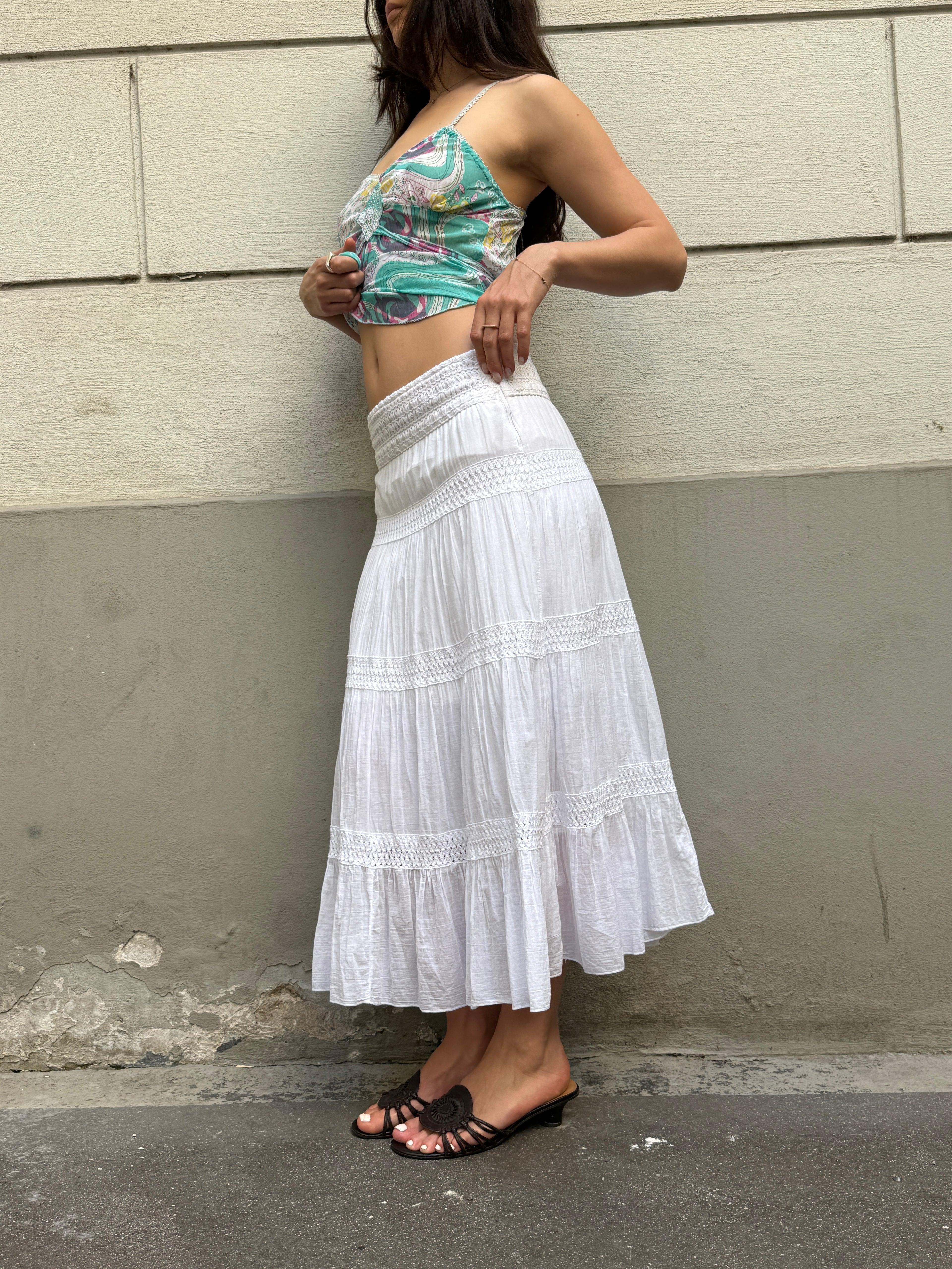 Vintage 100% Cotton White Tiered Midi Skirt EU 40