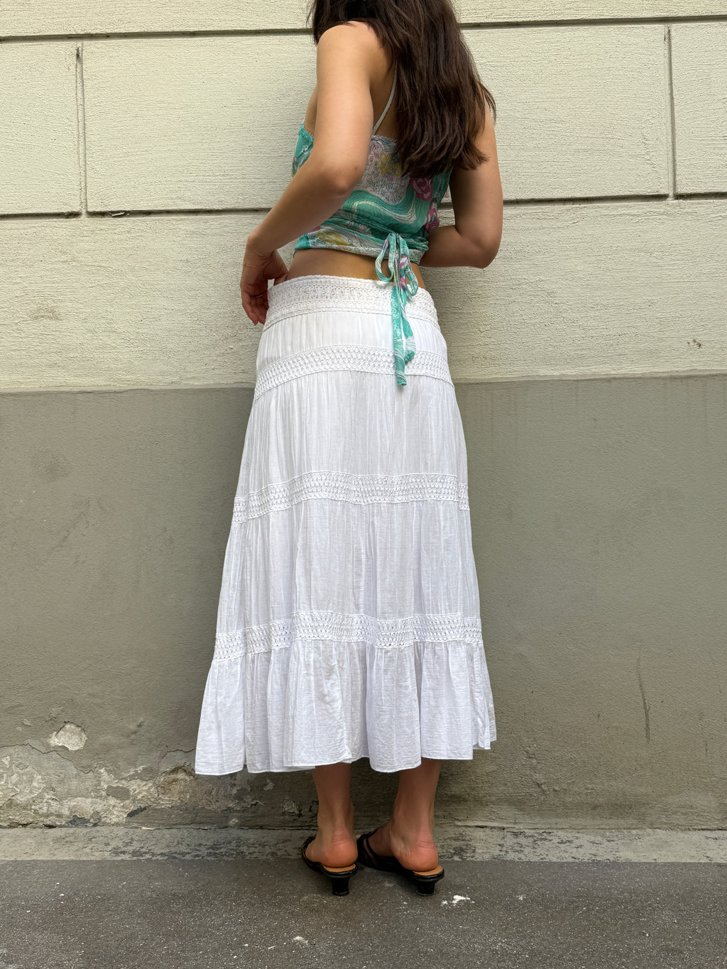 Vintage 100% Cotton White Tiered Midi Skirt EU 40