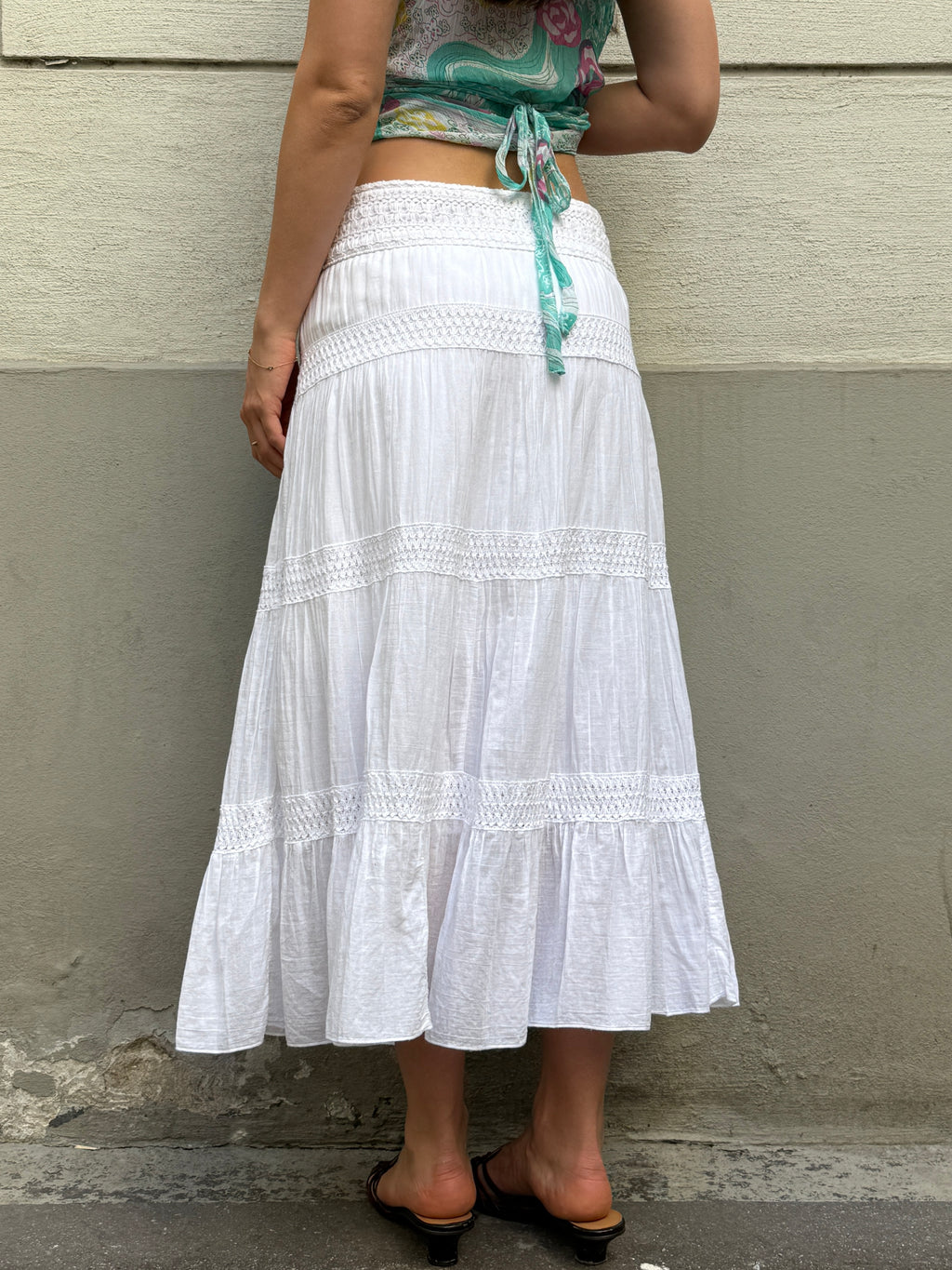Vintage 100% Cotton White Tiered Midi Skirt EU 40