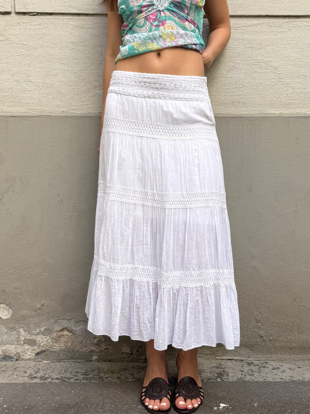 Vintage 100% Cotton White Tiered Midi Skirt EU 40