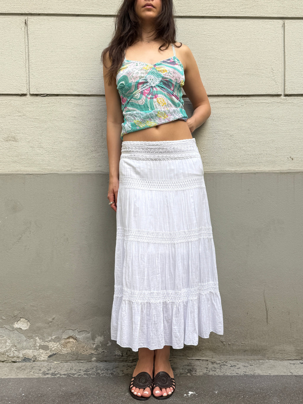 Vintage 100% Cotton White Tiered Midi Skirt EU 40