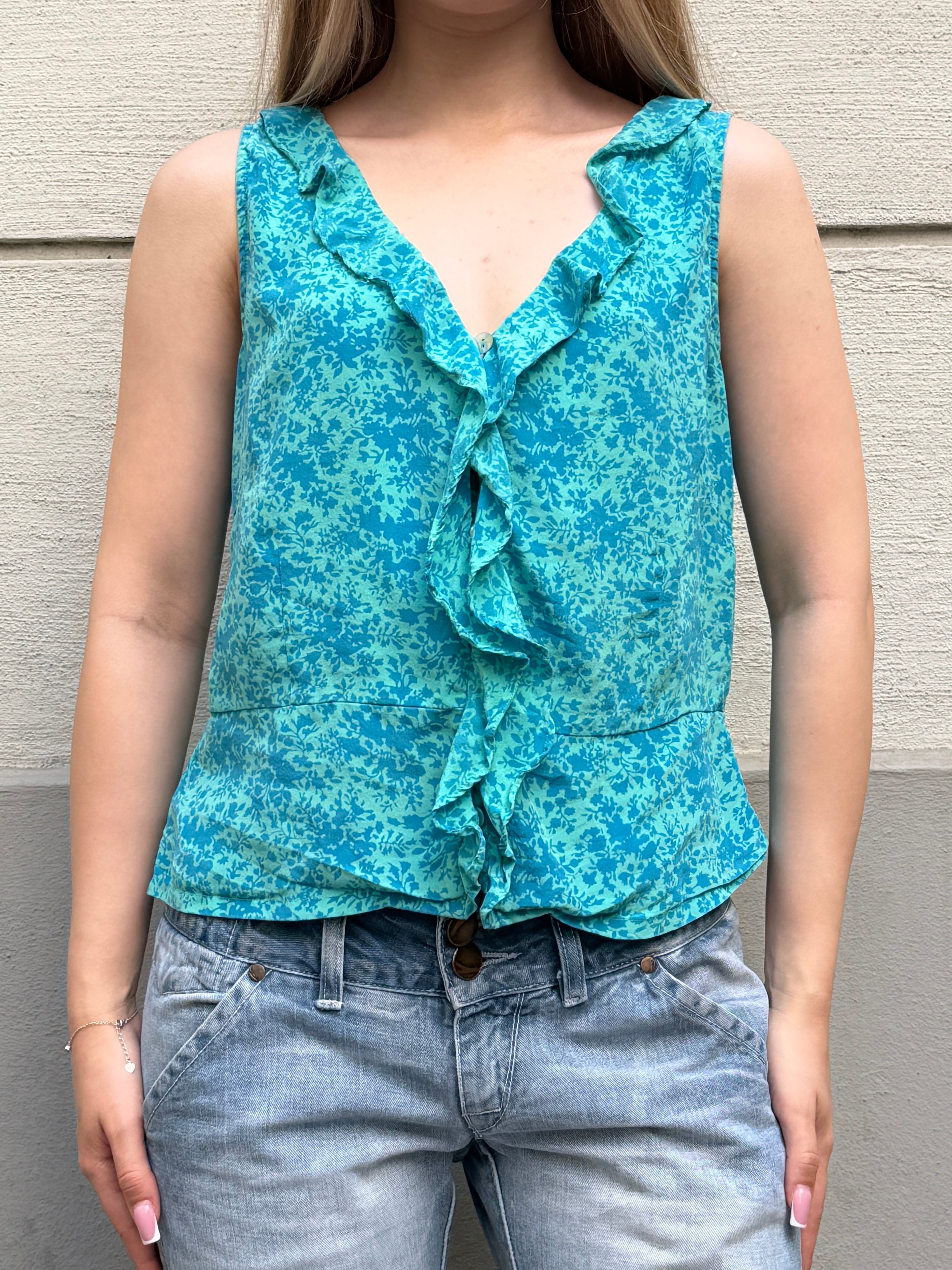 Vintage Monsoon 100% Silk Teal Turquoise Blouse S/Petite