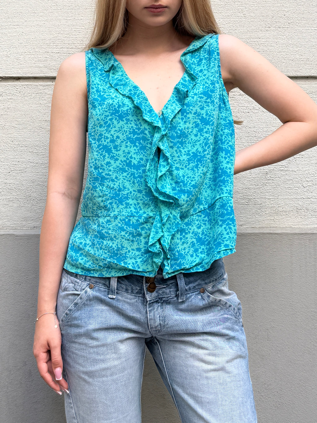 Vintage Monsoon 100% Silk Teal Turquoise Blouse S/Petite