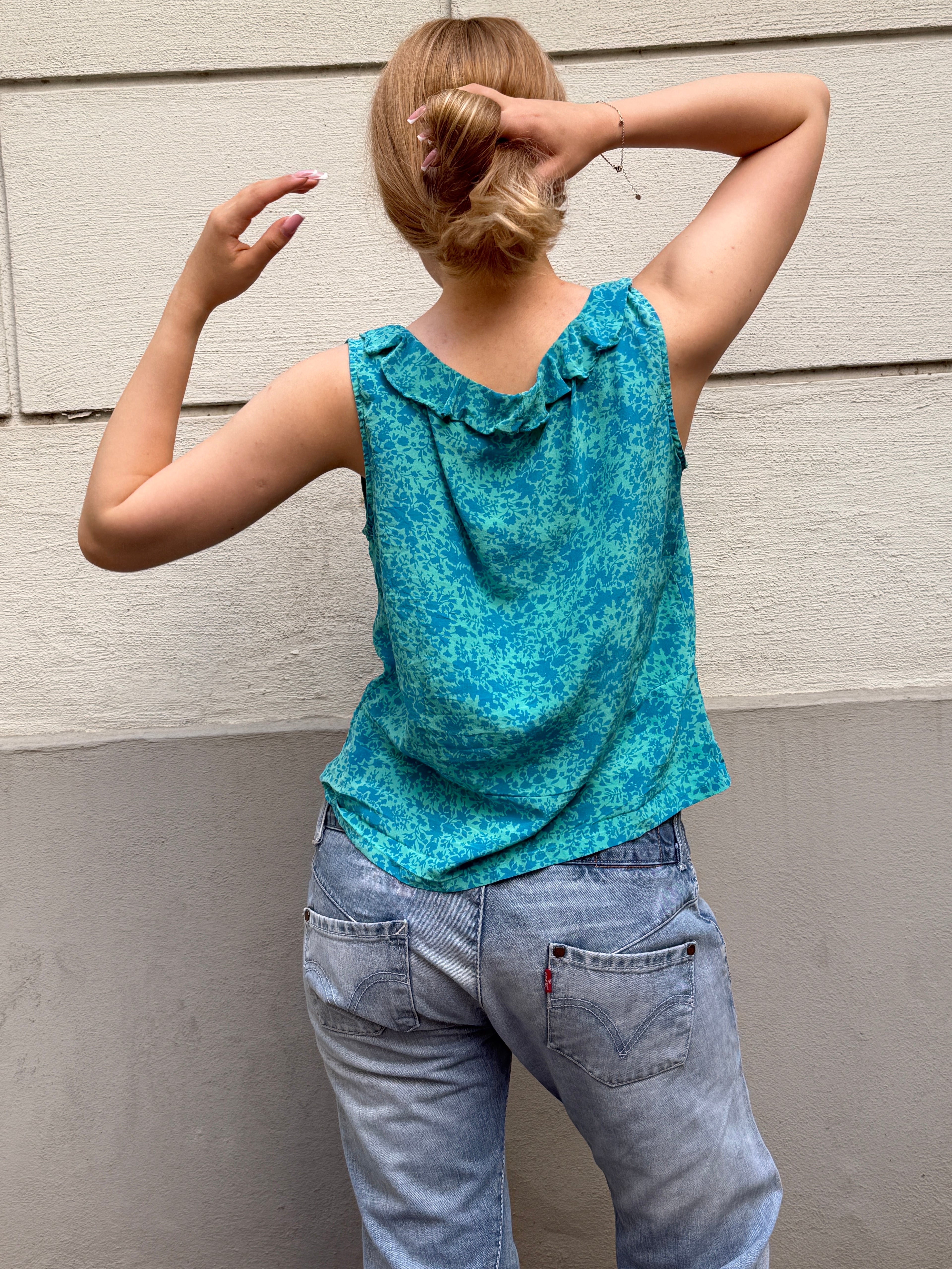 Vintage Monsoon 100% Silk Teal Turquoise Blouse S/Petite