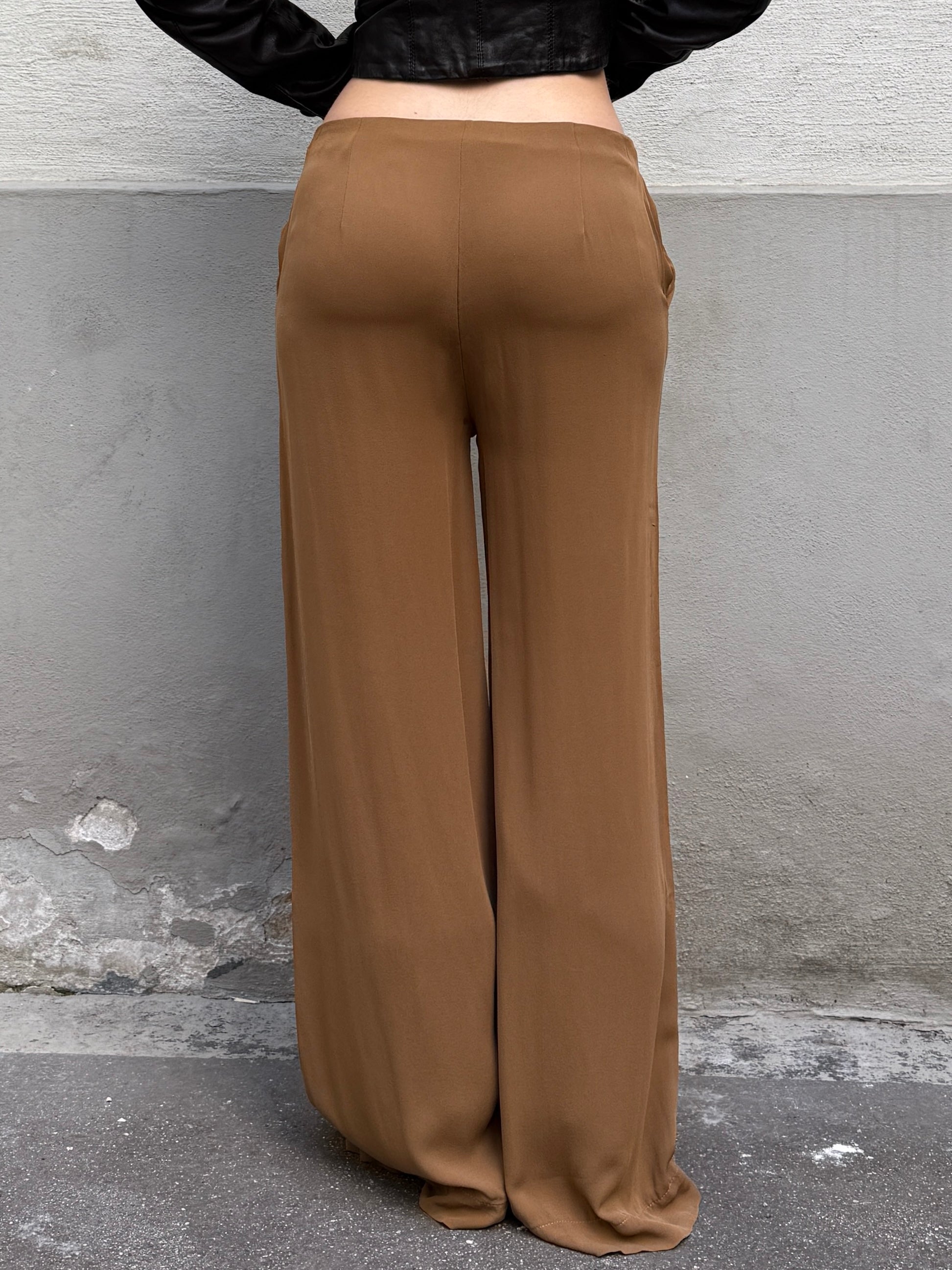 Theory 100% Silk Camel Mid Waist Straight Leg Trousers XS/S