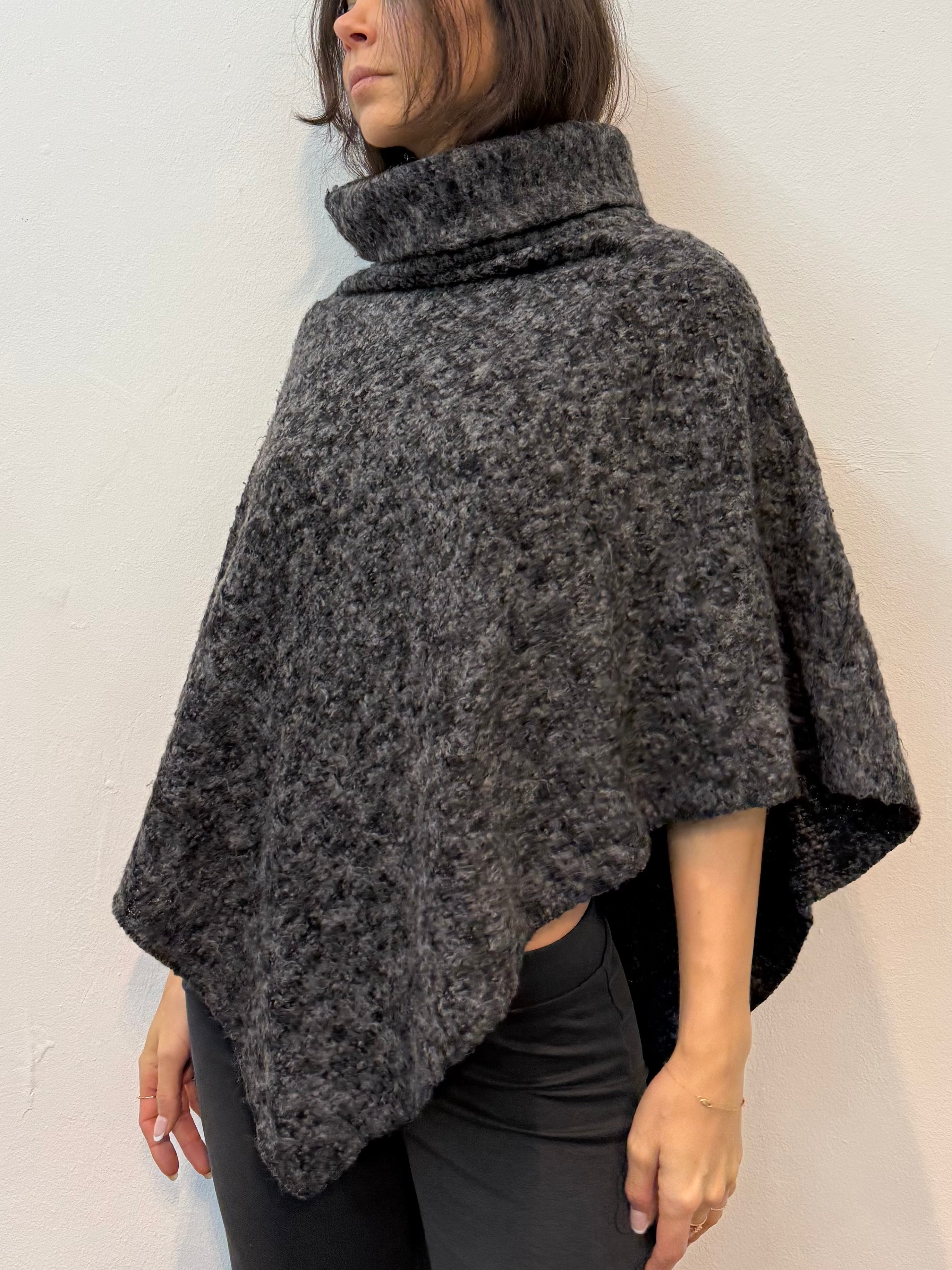 Vintage Gray Wool Turtleneck Poncho Top One Size