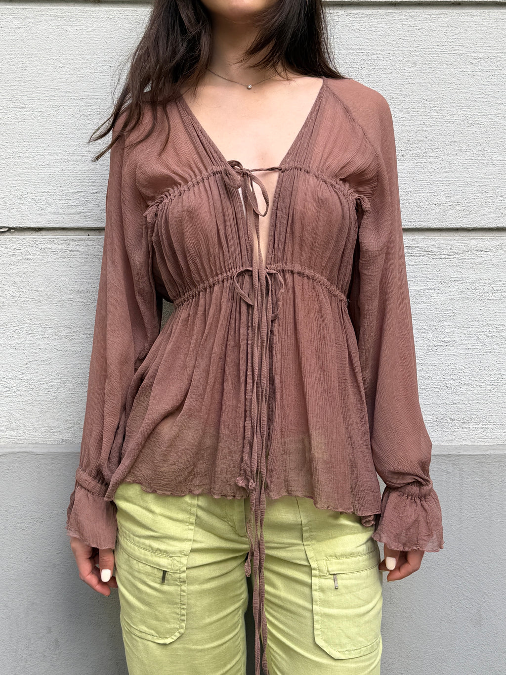 Original Design 100% Silk Georgette Mauve Tie Front Blouse S/M