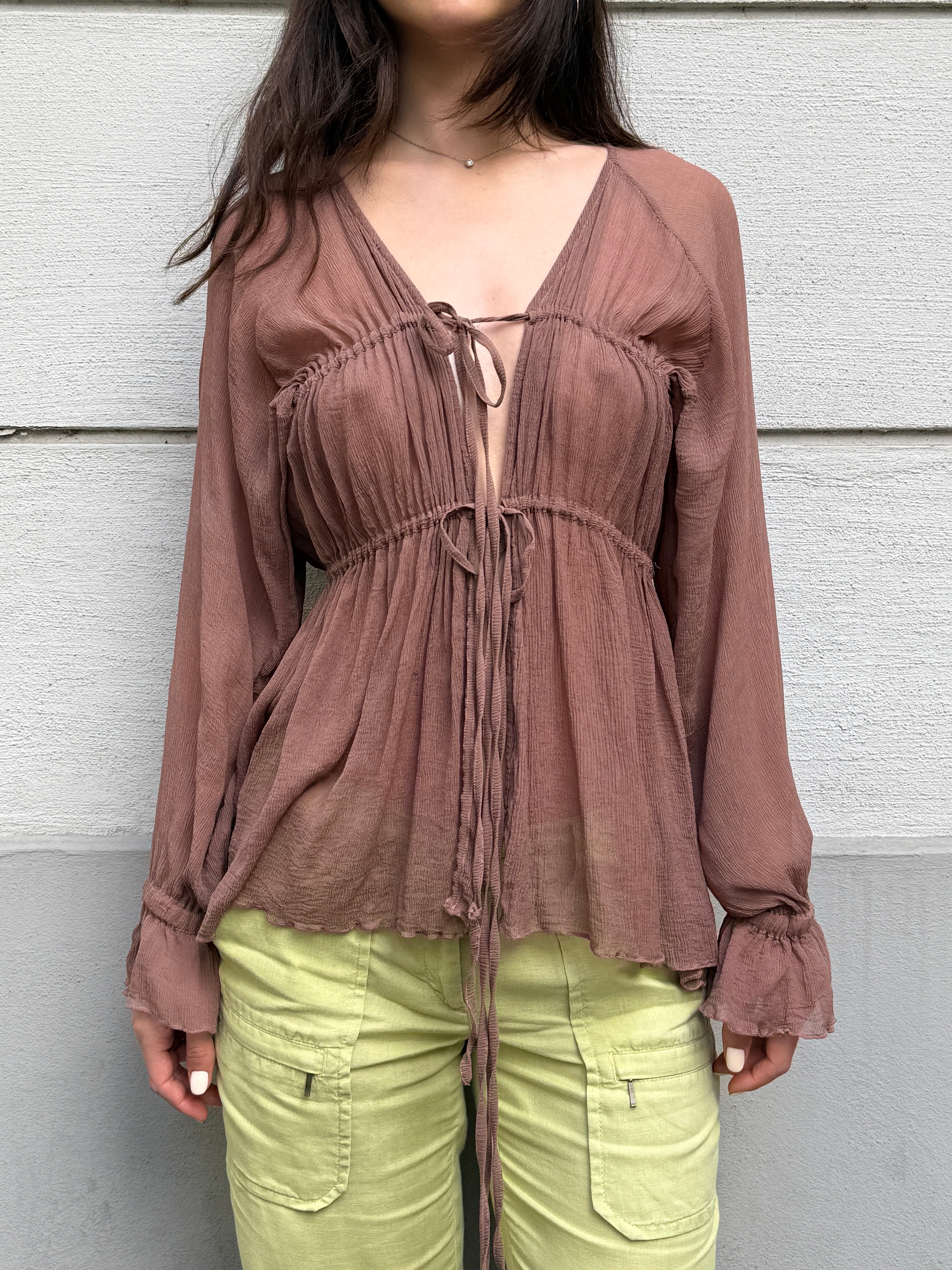 Original Design 100% Silk Georgette Mauve Tie Front Blouse S/M