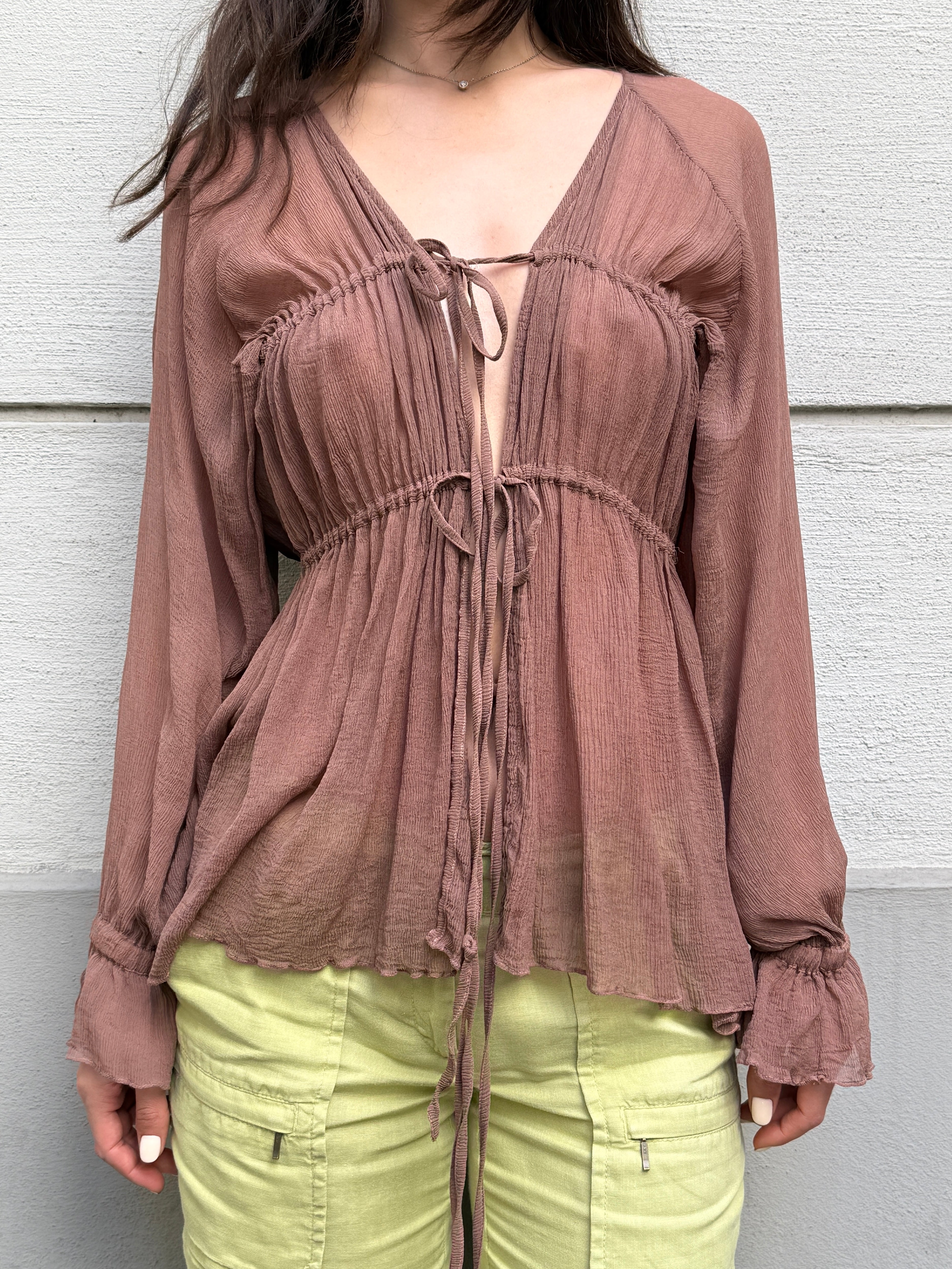 Original Design 100% Silk Georgette Mauve Tie Front Blouse S/M
