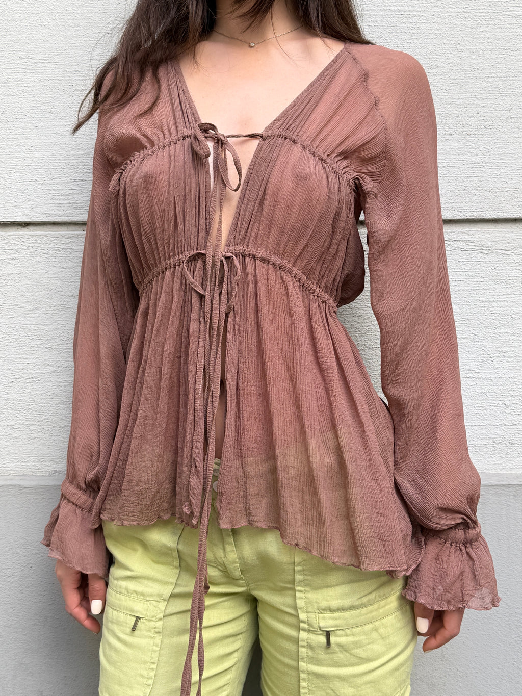 Original Design 100% Silk Georgette Mauve Tie Front Blouse S/M