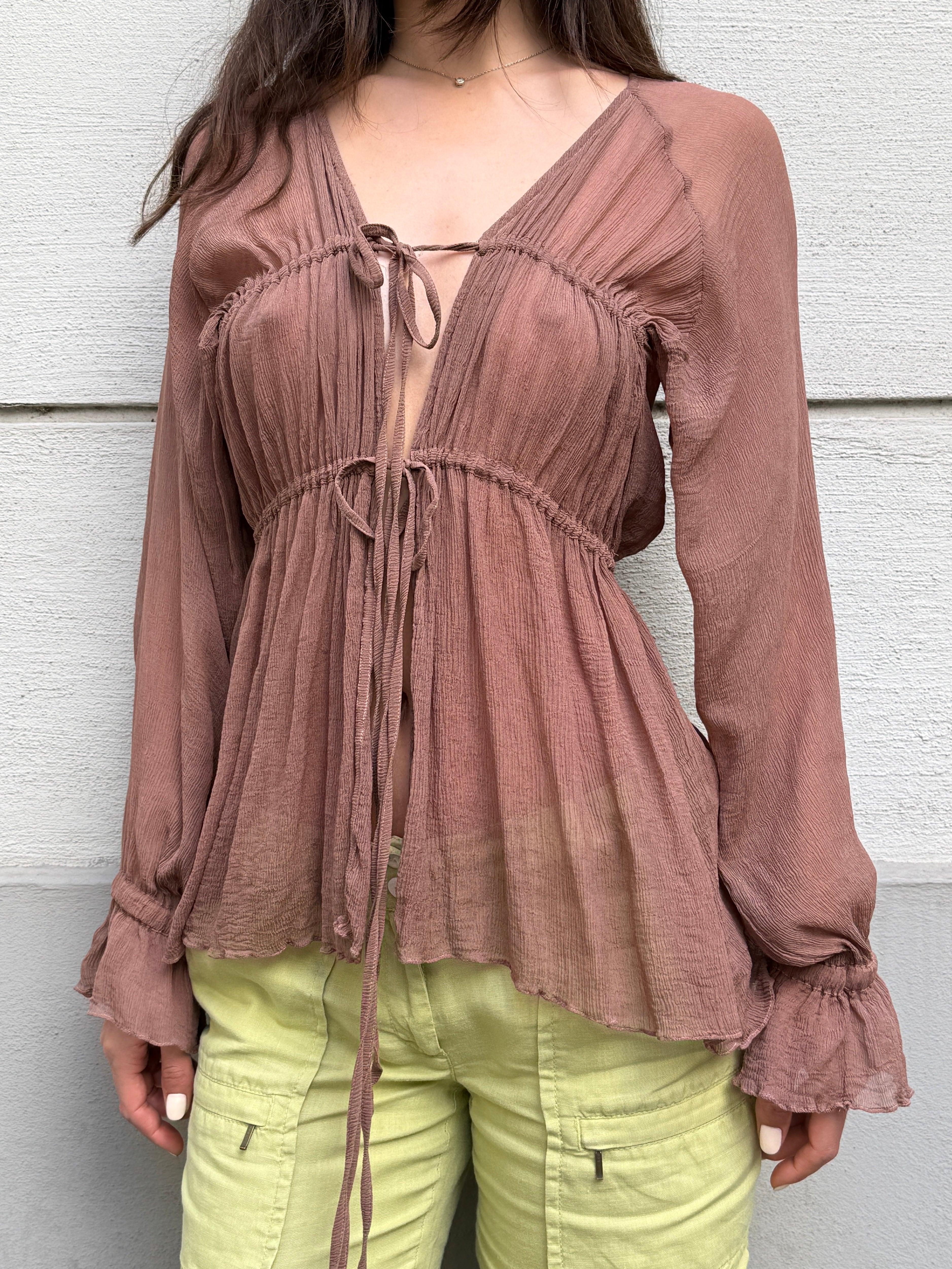 Original Design 100% Silk Georgette Mauve Tie Front Blouse S/M