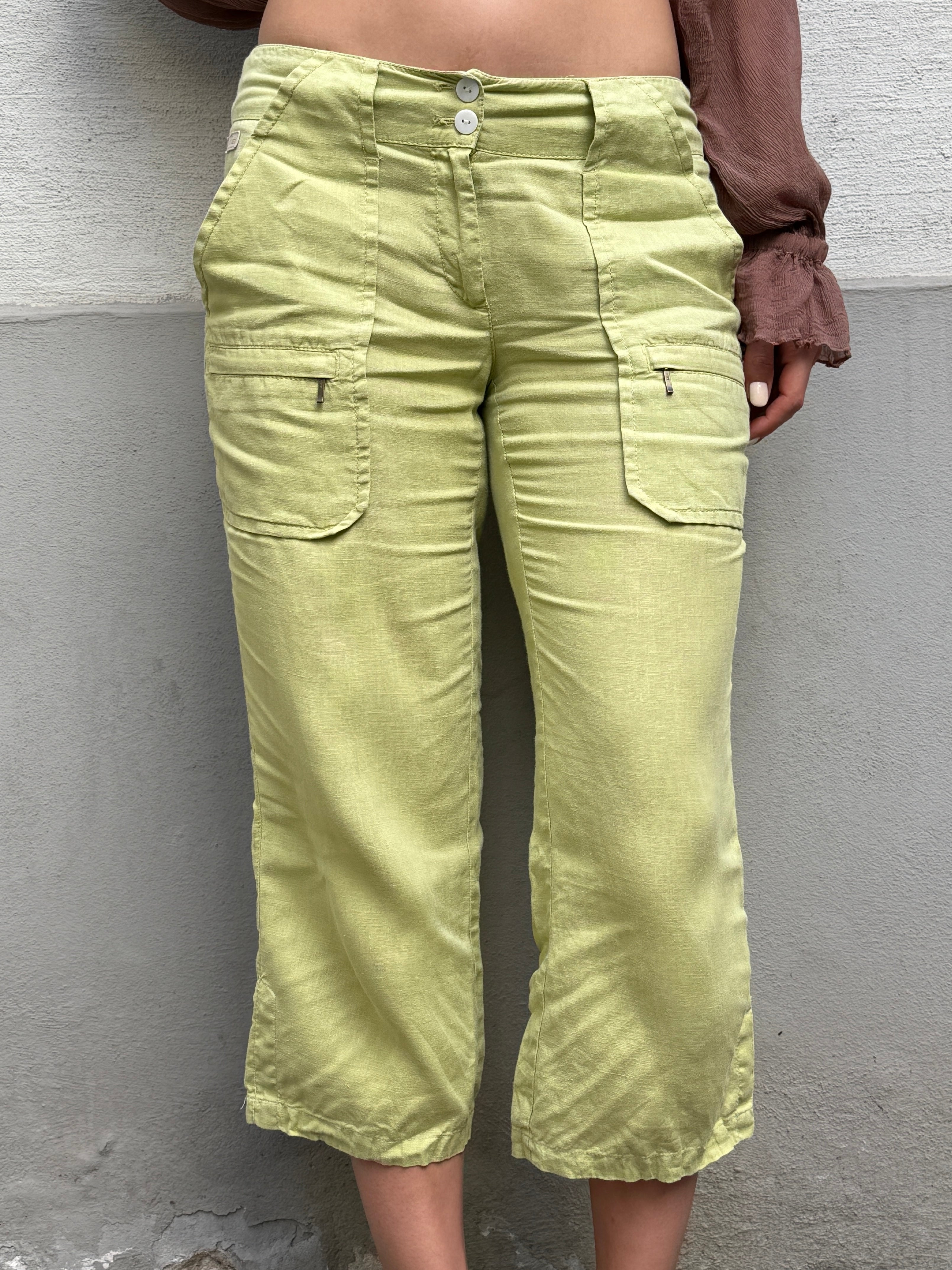 Vintage 100% Linen Malboro Lime Green Capri Trousers S/M