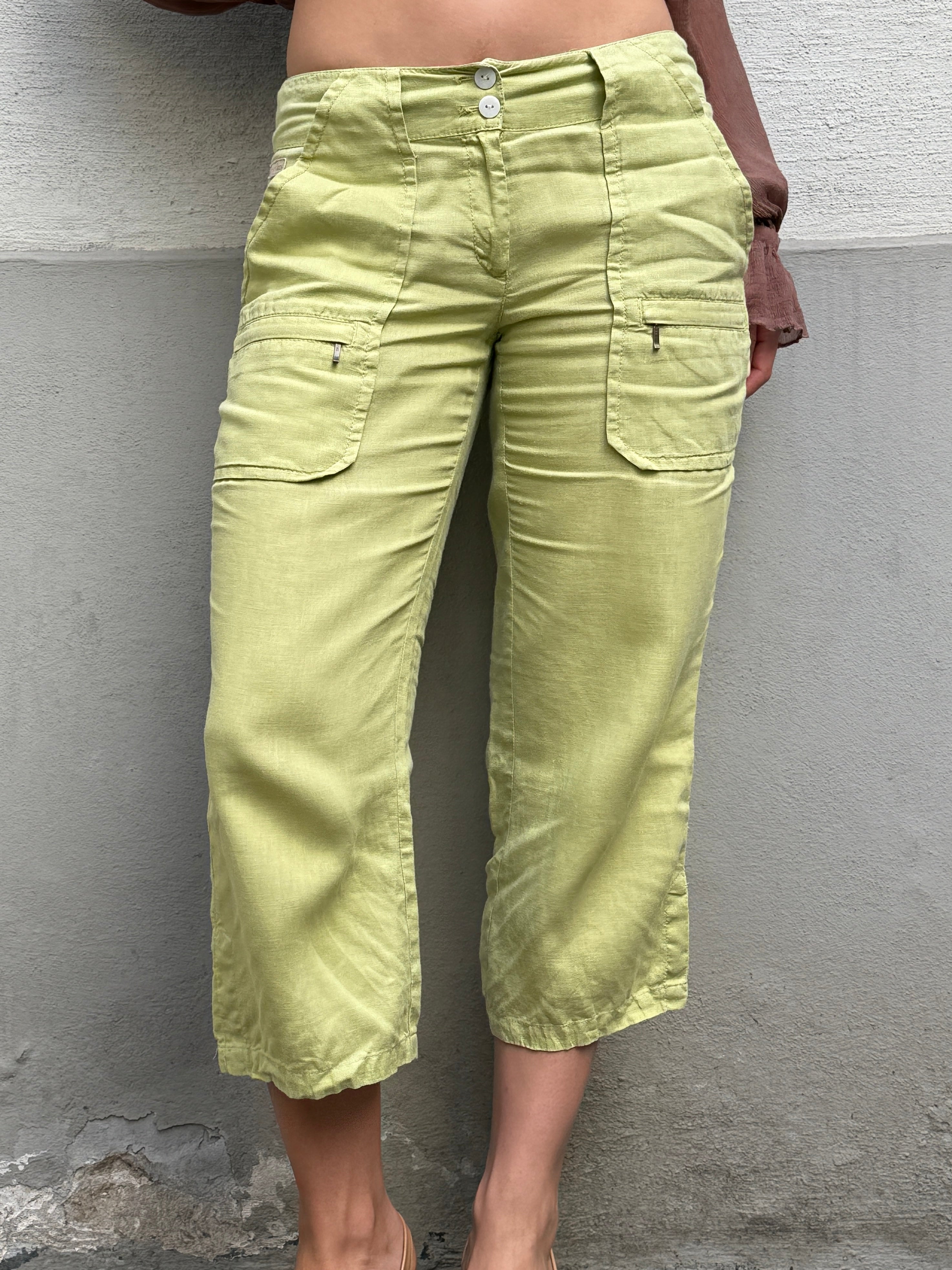 Vintage 100% Linen Malboro Lime Green Capri Trousers S/M