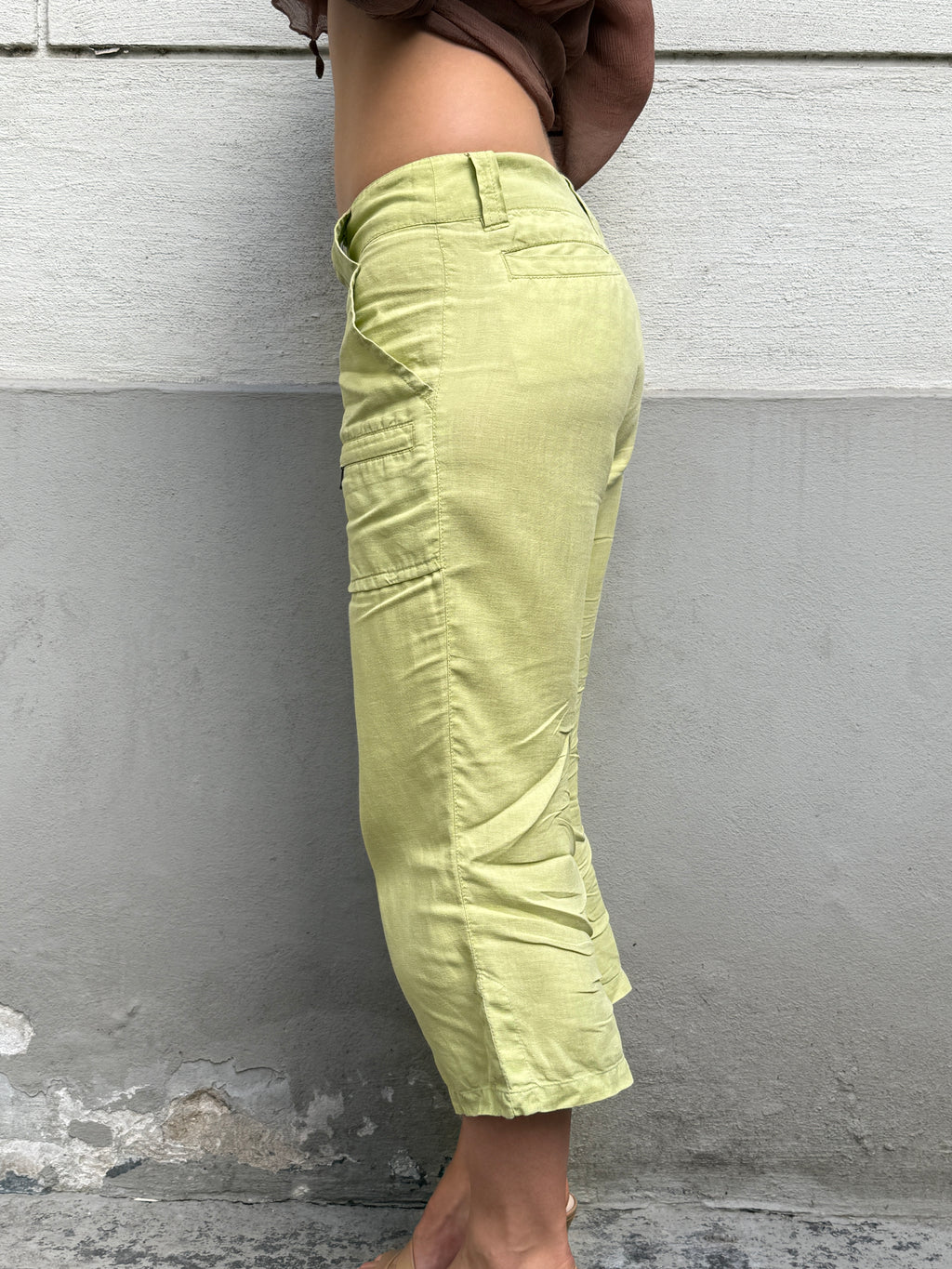 Vintage 100% Linen Malboro Lime Green Capri Trousers S/M