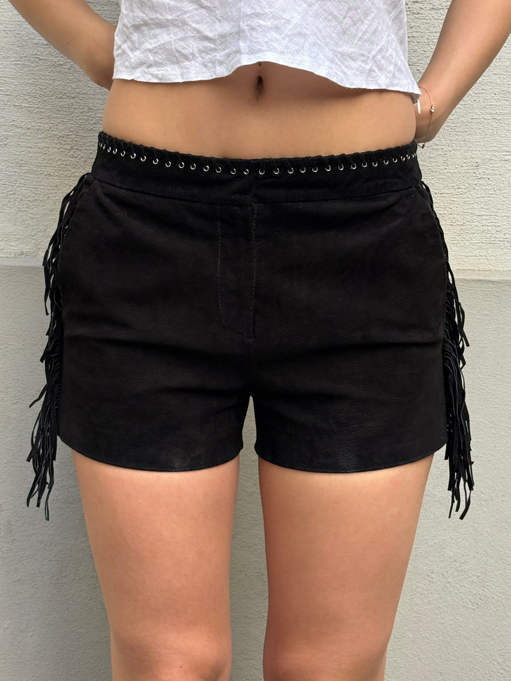 Vintage MNG 100% Genuine Leather Suede Black Tassel Shorts S