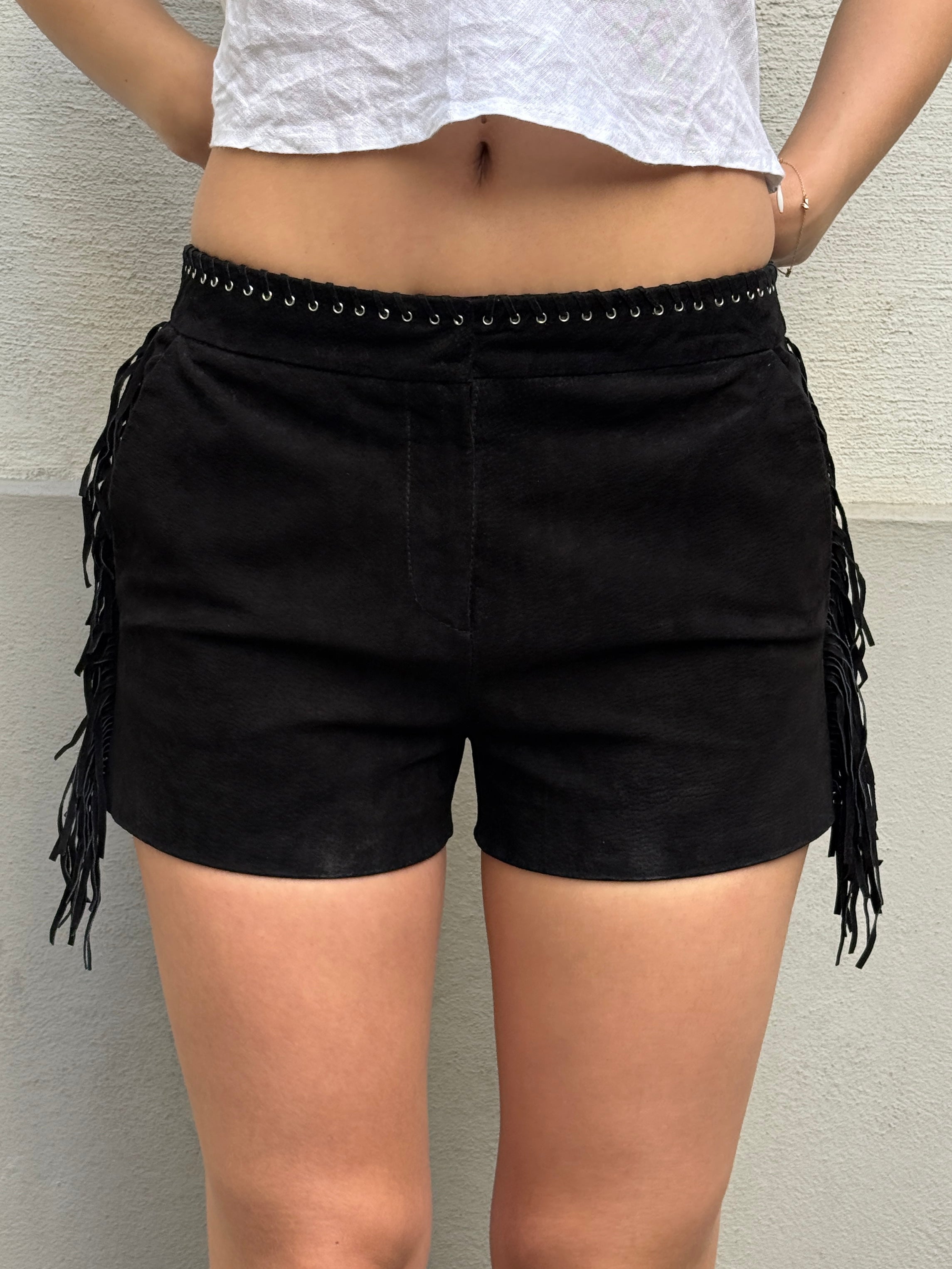Vintage MNG 100% Genuine Leather Suede Black Tassel Shorts S