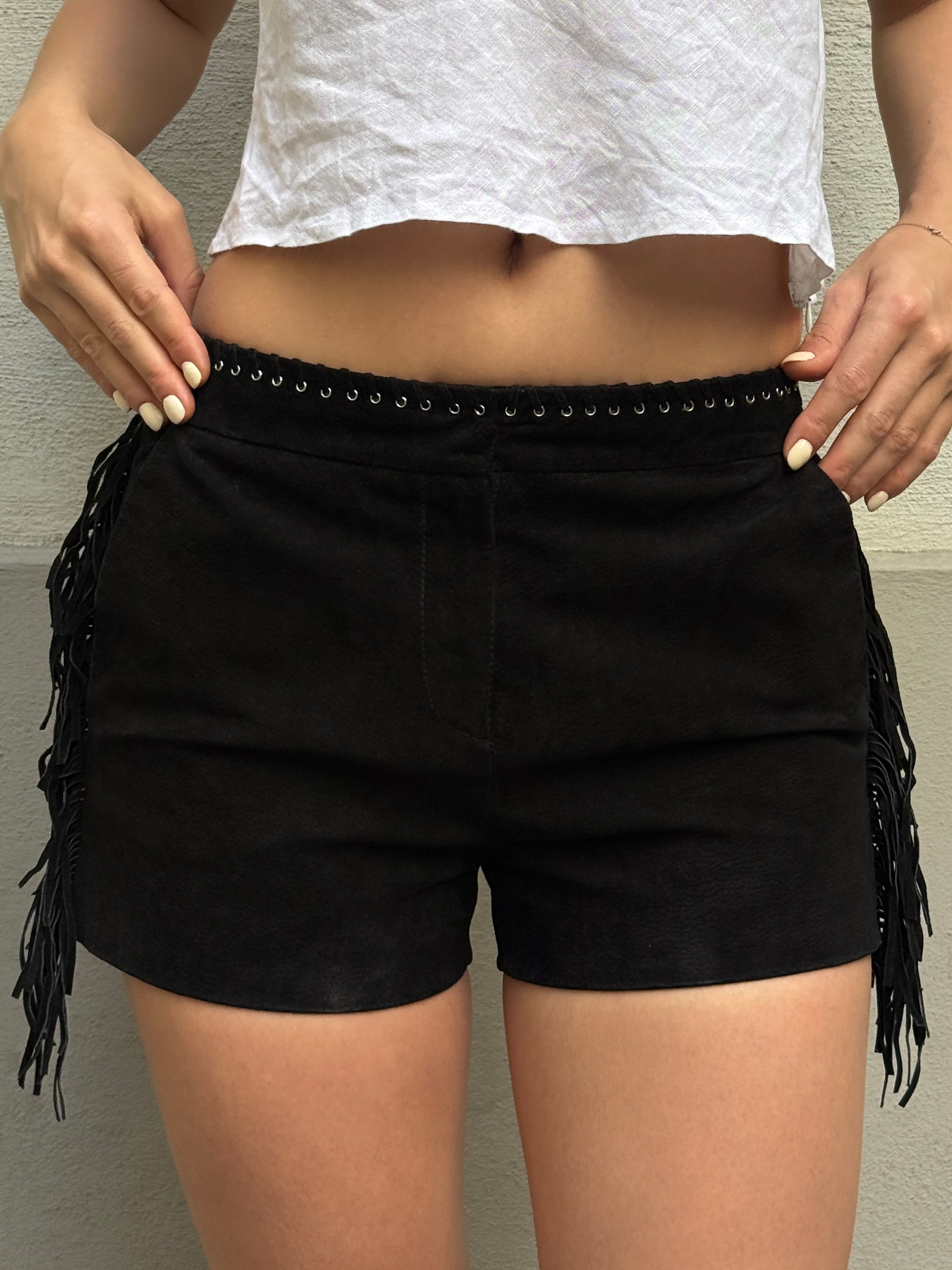 Vintage MNG 100% Genuine Leather Suede Black Tassel Shorts S