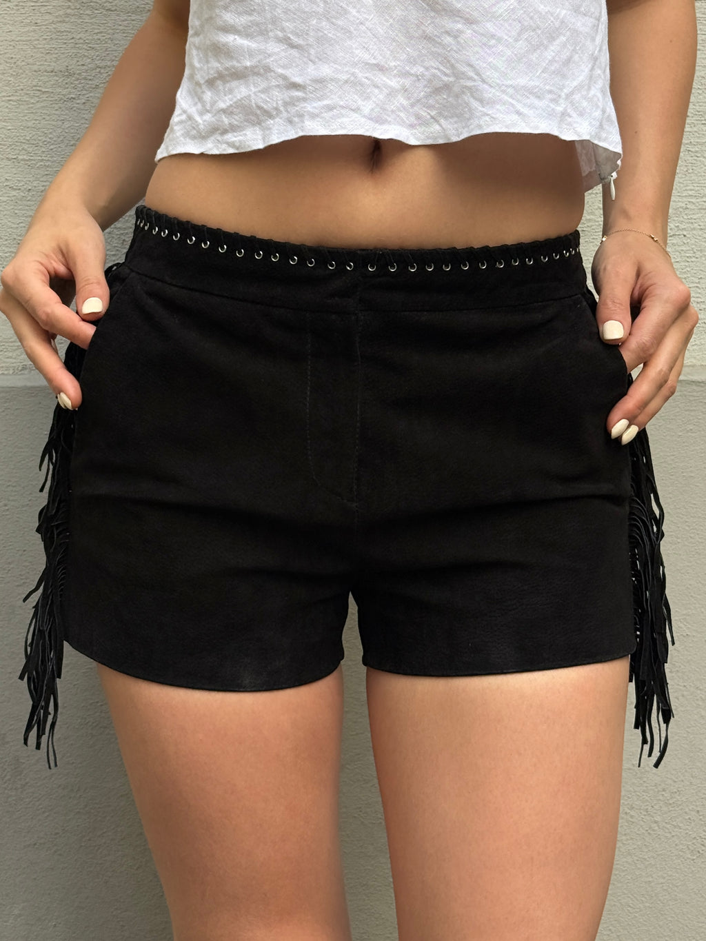 Vintage MNG 100% Genuine Leather Suede Black Tassel Shorts S