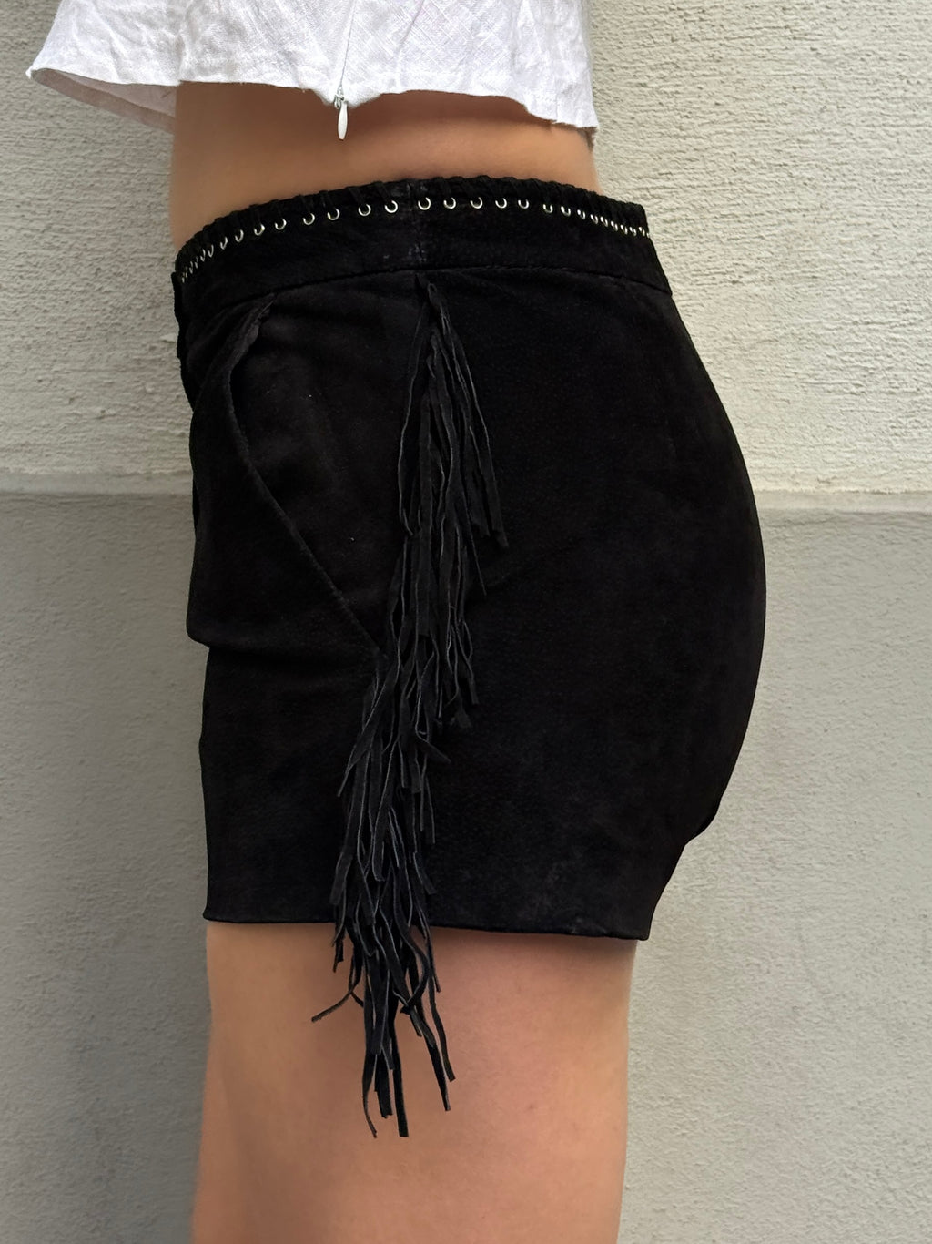 Vintage MNG 100% Genuine Leather Suede Black Tassel Shorts S