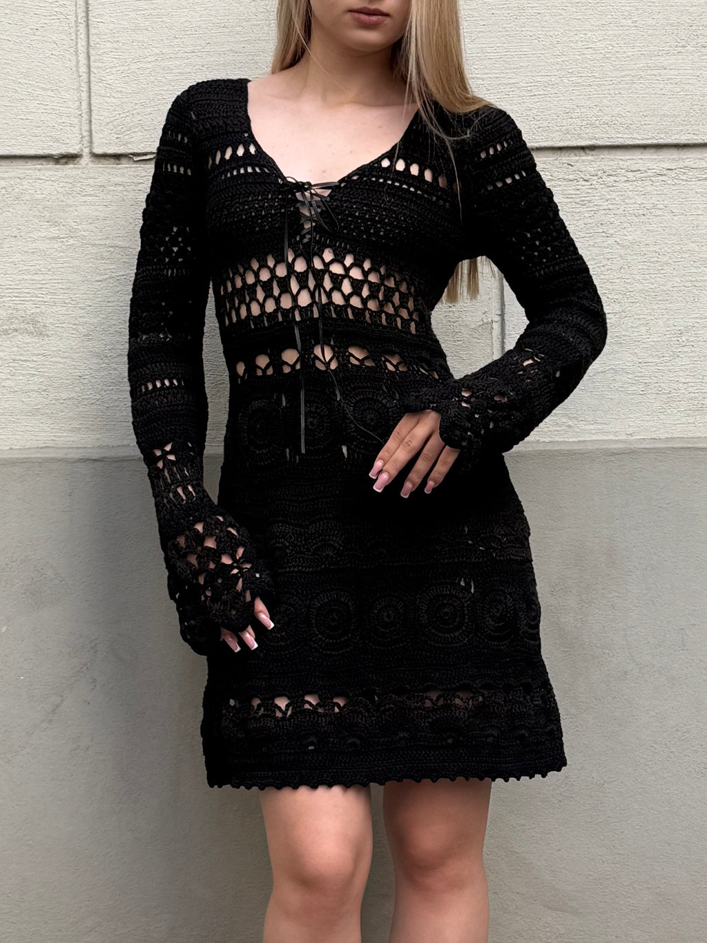 Vintage Handknit 100% Cotton Mini Dress S/Petite