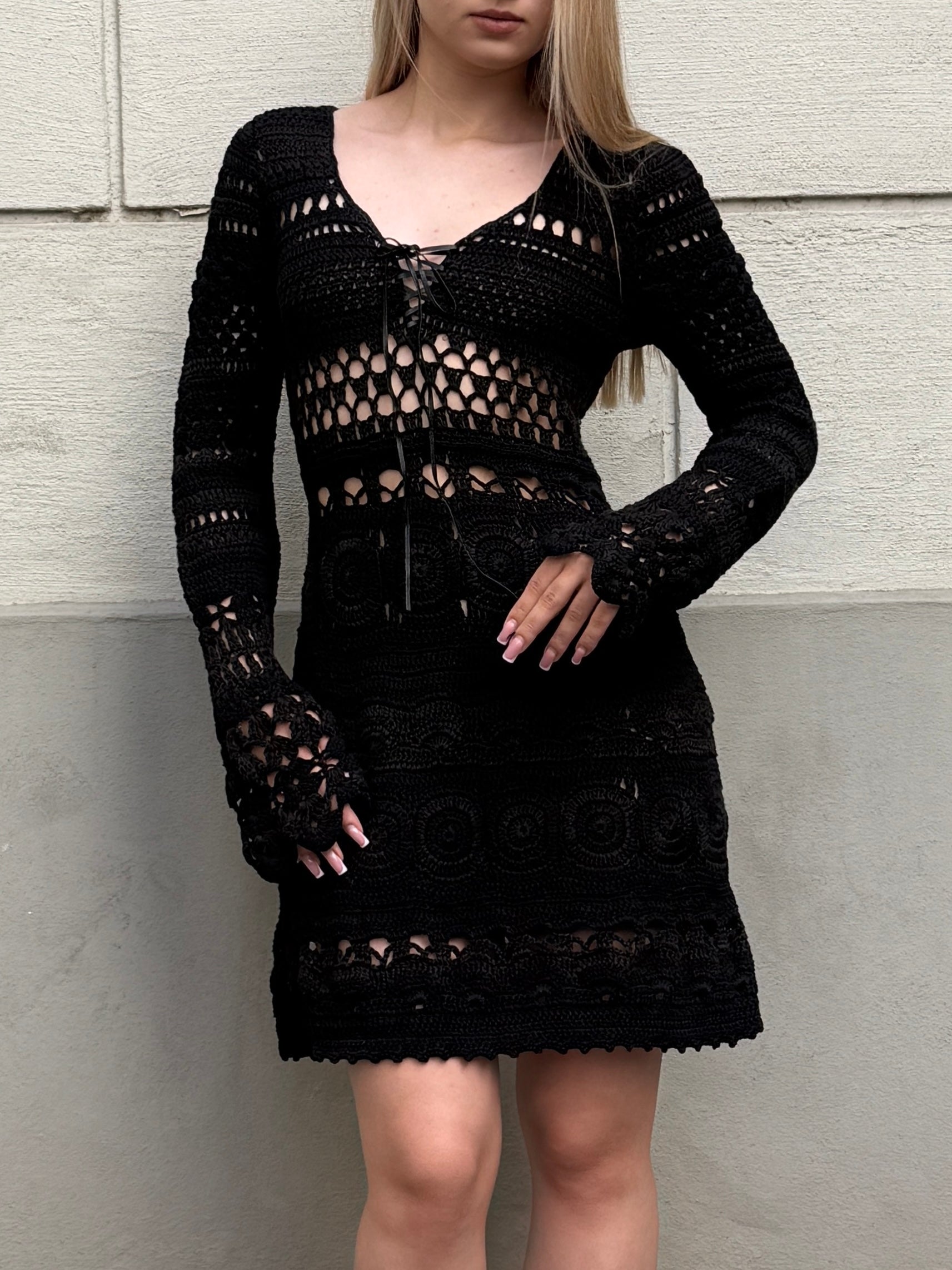 Vintage Handknit 100% Cotton Mini Dress S/Petite