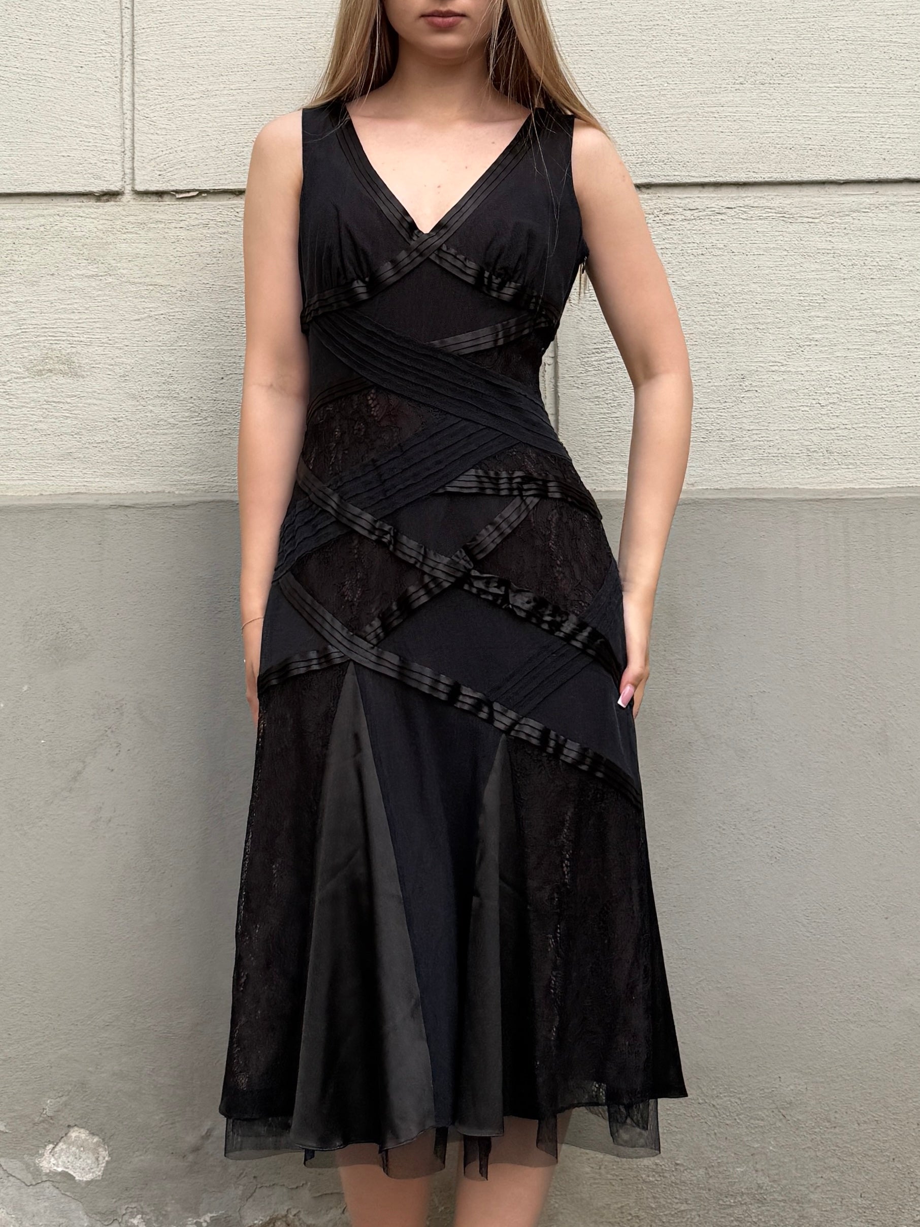 Vintage Y2K Black Lace Midi Dress S/Petite