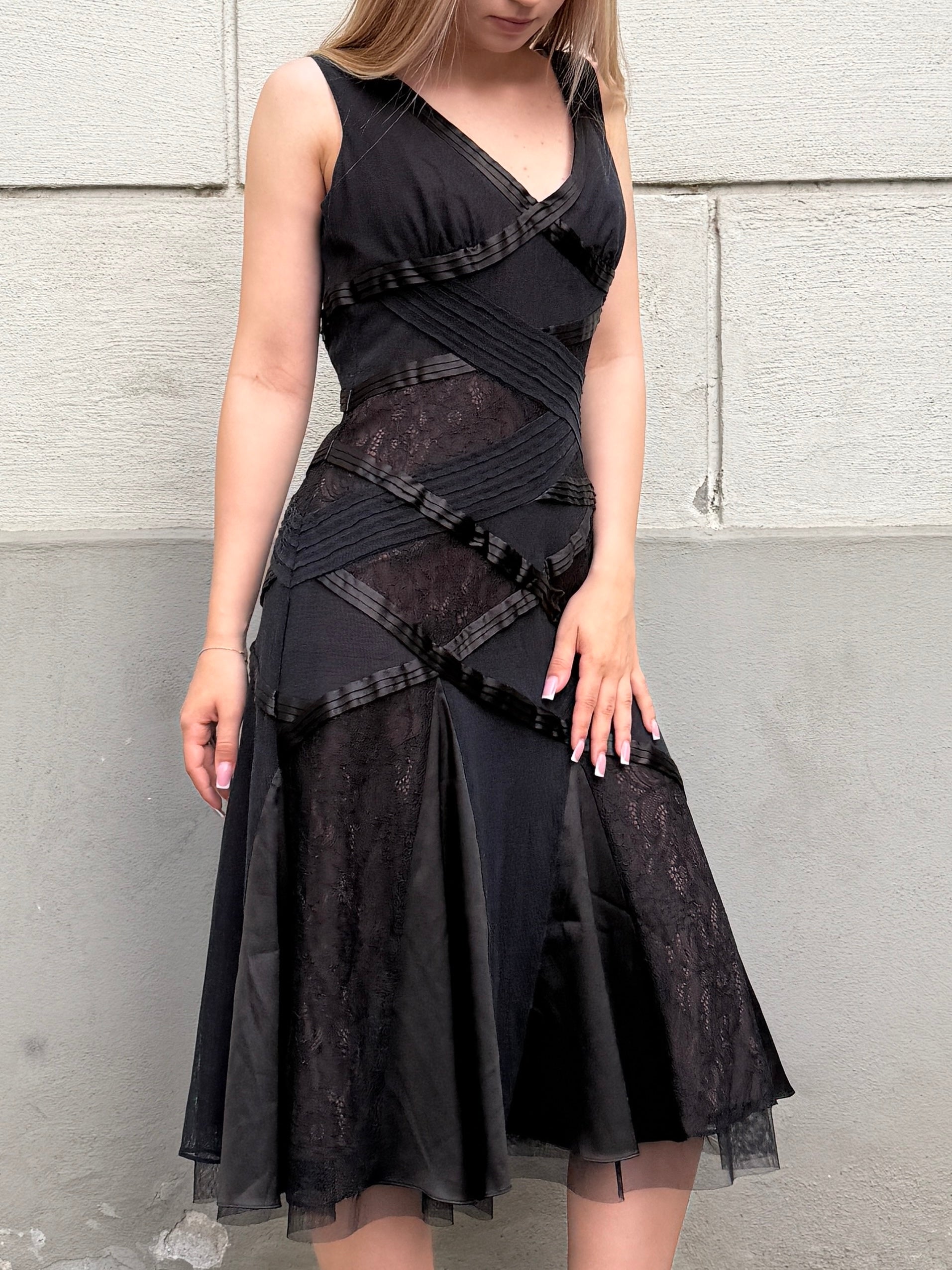 Vintage Y2K Black Lace Midi Dress S/Petite