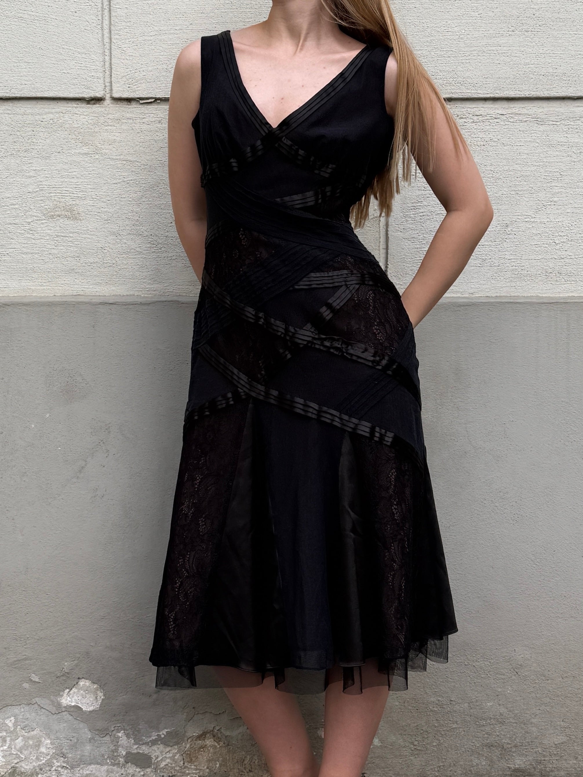 Vintage Y2K Black Lace Midi Dress S/Petite