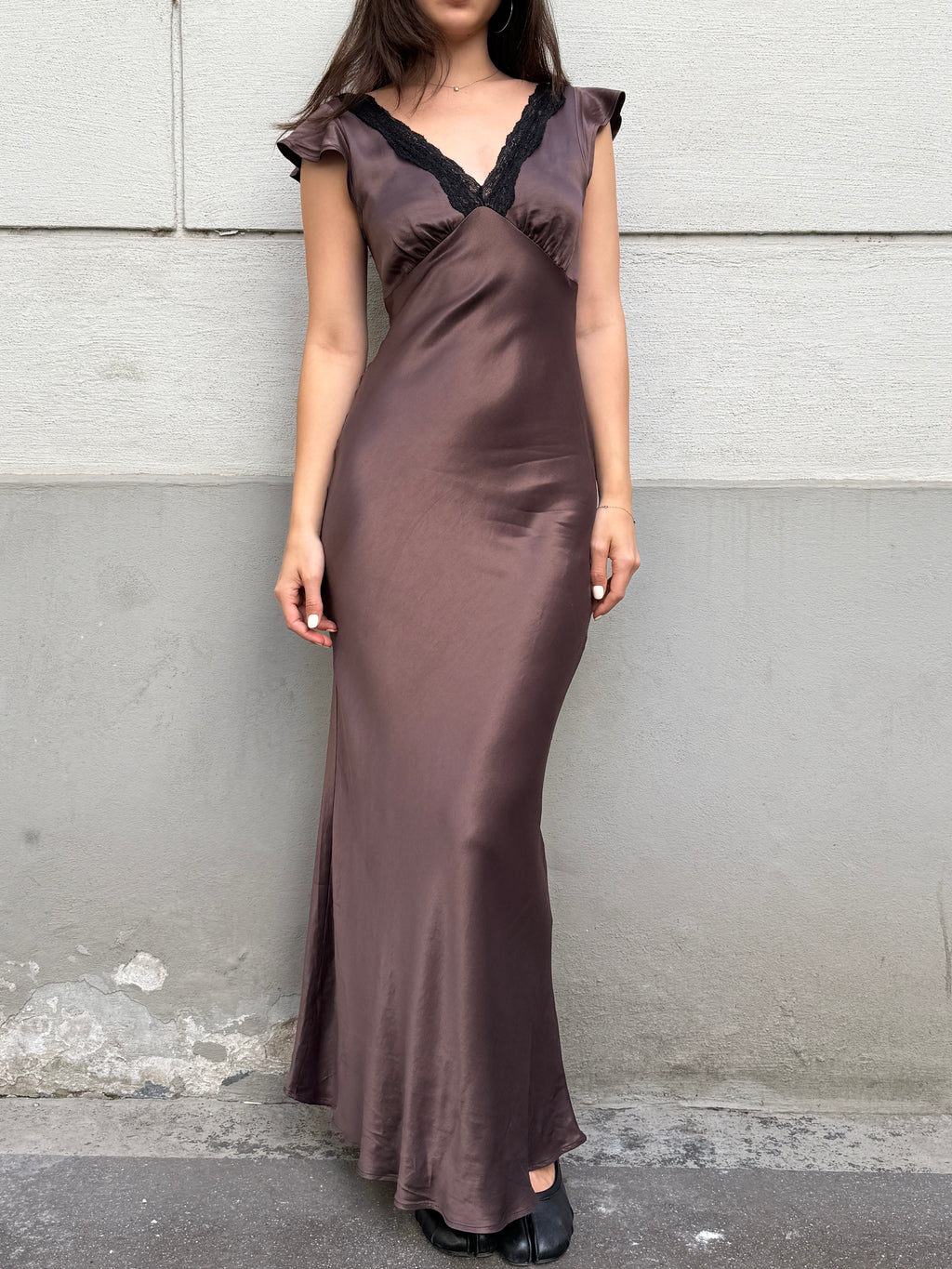 100% Viscose Brown Satin Black Lace Trim Slip Dress S