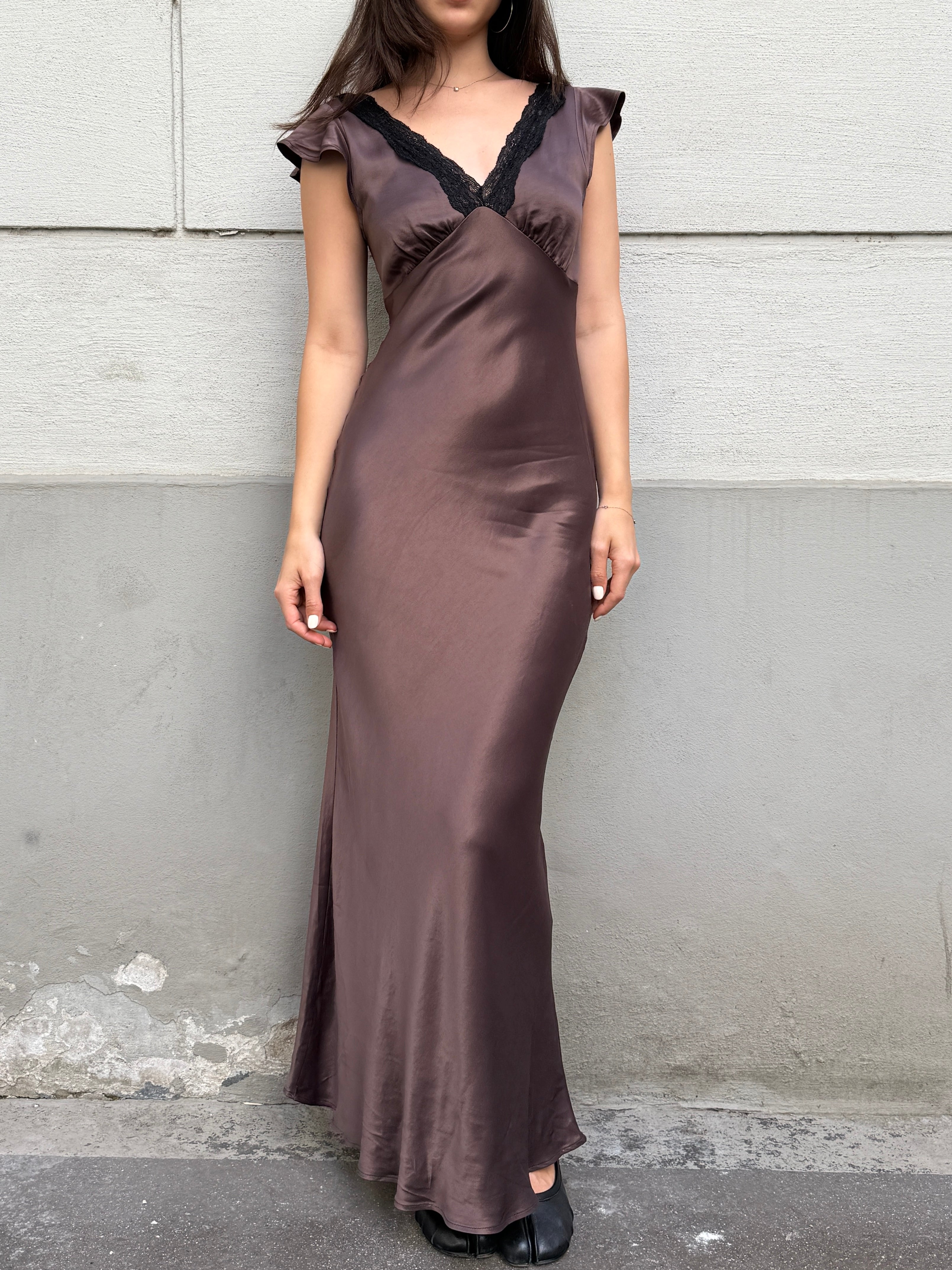 100% Viscose Brown Satin Black Lace Trim Slip Dress S