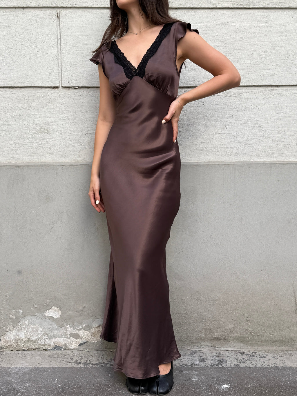 100% Viscose Brown Satin Black Lace Trim Slip Dress S