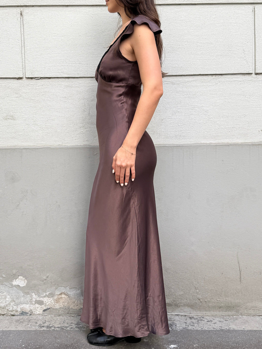 100% Viscose Brown Satin Black Lace Trim Slip Dress S