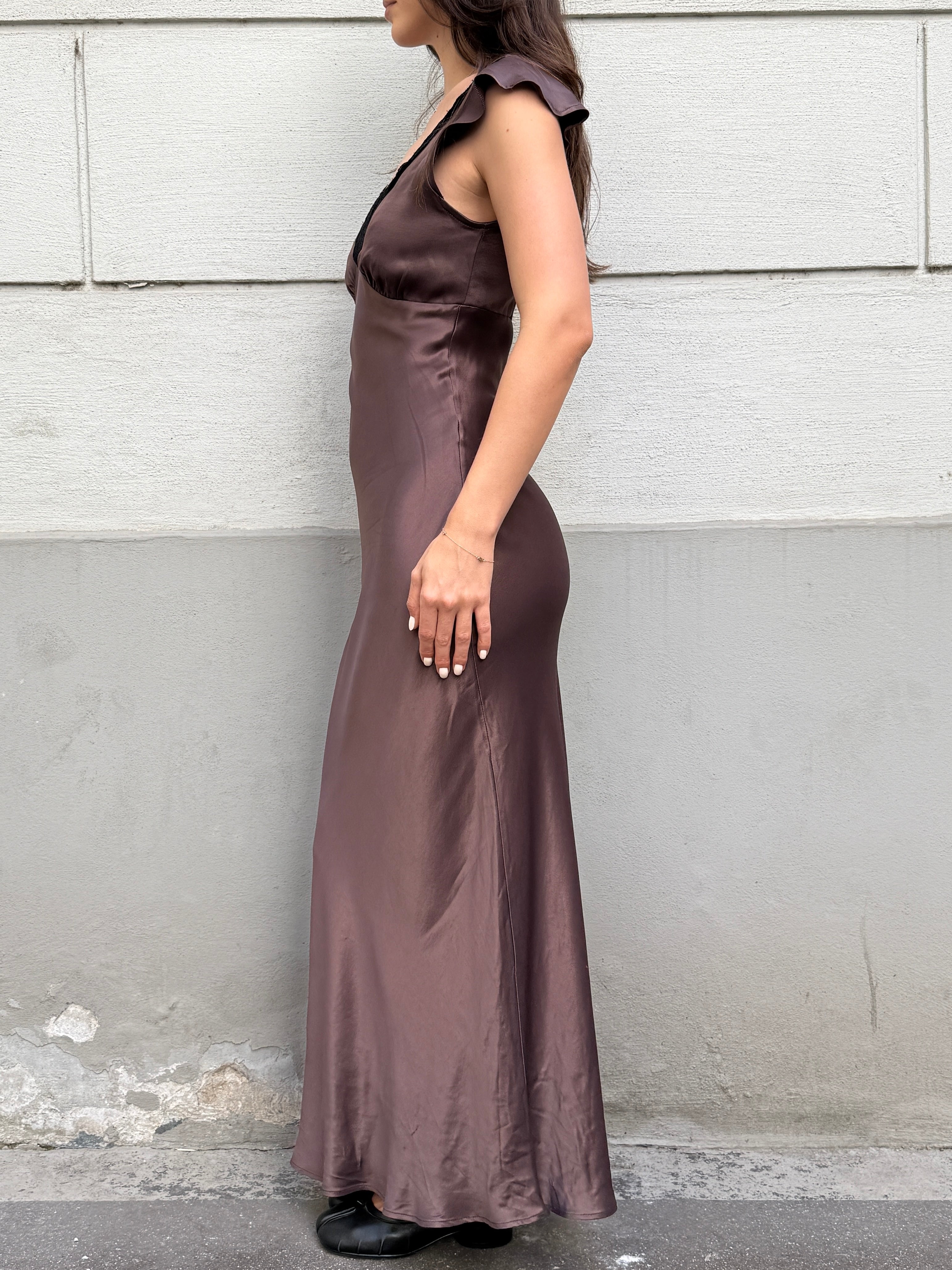 100% Viscose Brown Satin Black Lace Trim Slip Dress S