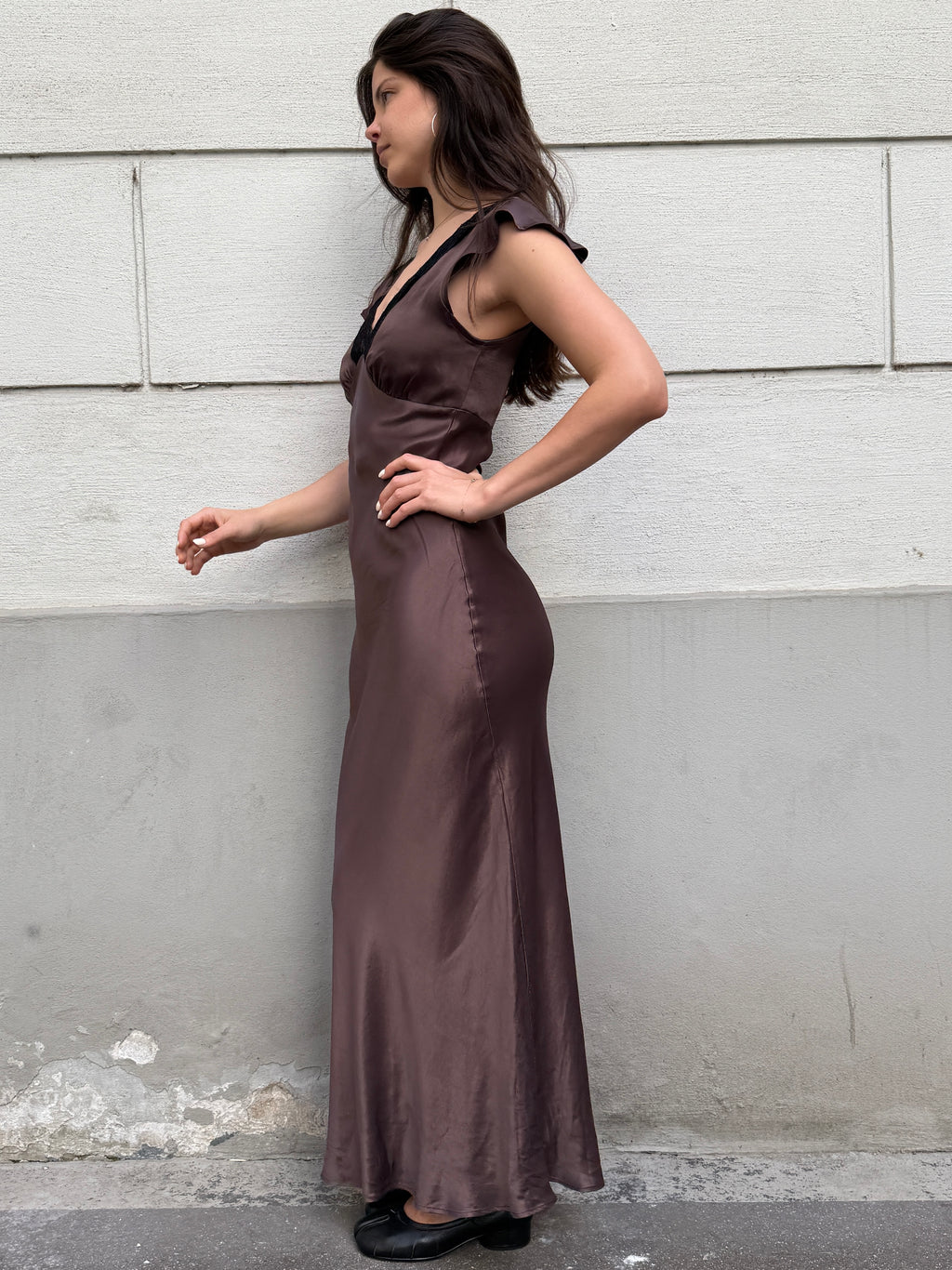 100% Viscose Brown Satin Black Lace Trim Slip Dress S