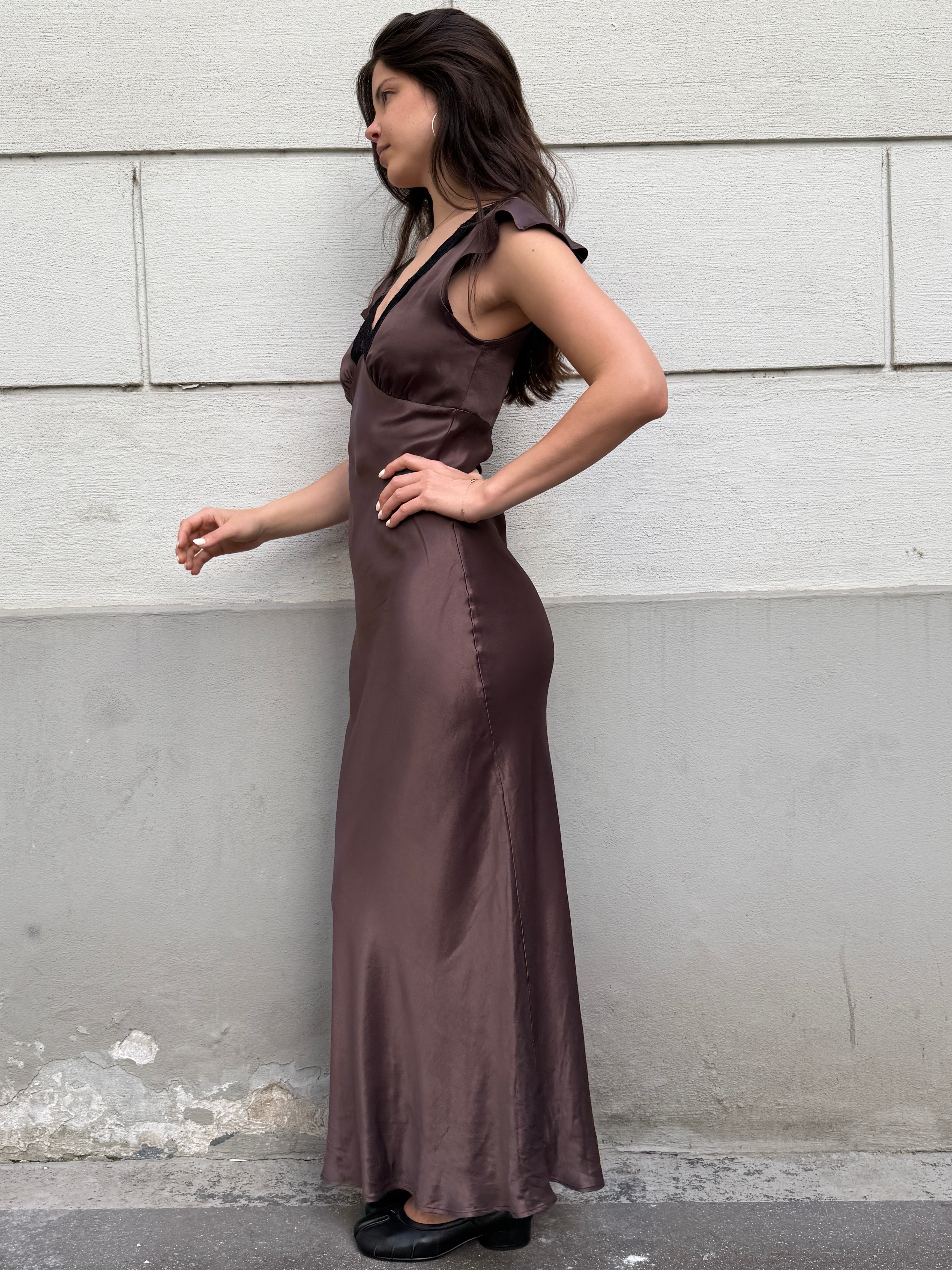 100% Viscose Brown Satin Black Lace Trim Slip Dress S